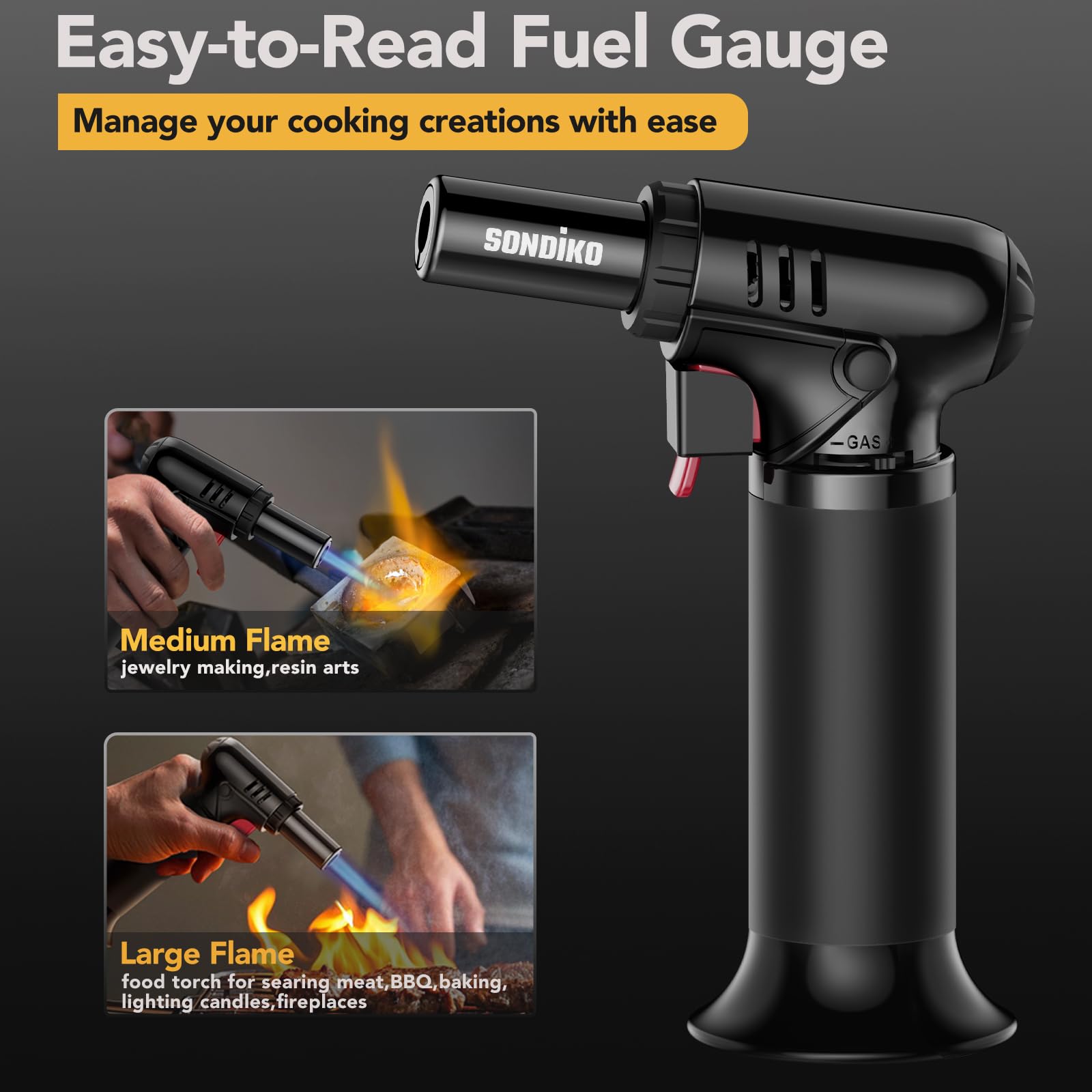 Sondiko Butane Torch with Fuel Gauge S907, Refillable Soldering Torch with Adjustable Flame for Welding, Resin Art, Industrial(Butane Gas Not Included)