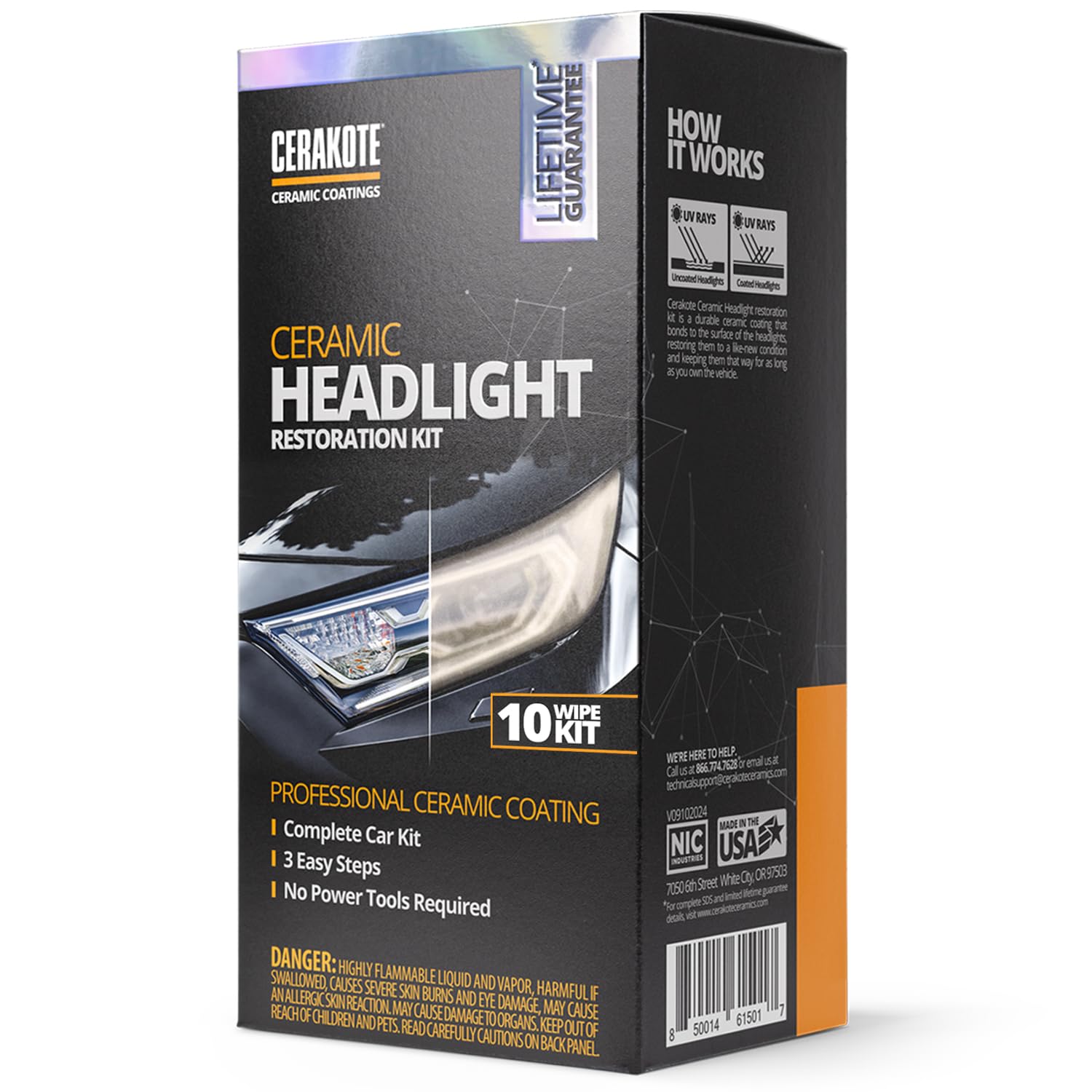 CERAKOTE Ceramic Headlight Restoration Kit - Guaranteed To Last As Long As You Own Your Vehicle - Brings Headlights Back to Like New Condition - No Power Tools Required - 10 Wipe Kit