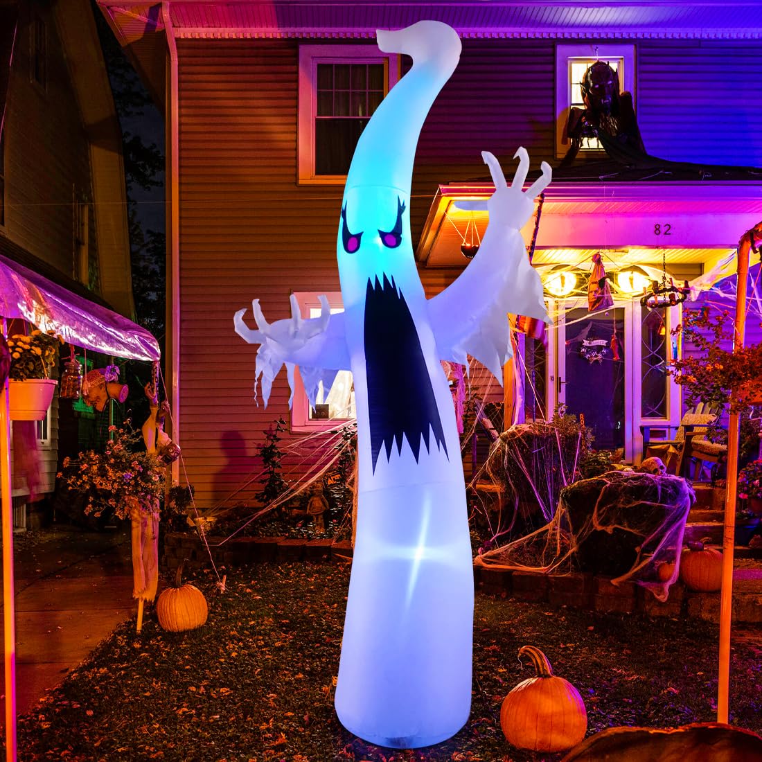 GOOSH 1,8 m Halloween Aufblasbarer Geist Outdoor Dekorationen Aufblasbarer Hof Gruseliger Rotaugen-Geist mit eingebauten bunten LEDs für Garten Rasen Innenparty Deko