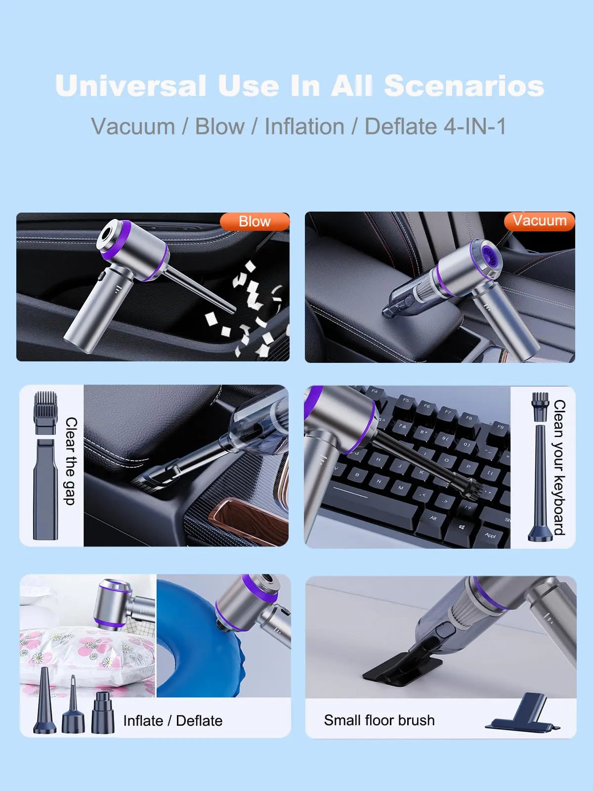 IYOFINE Vacuum/Air Duster 80,000RPM Super Power Mini Car Vacuum Cleaner 4-in-1 air Blower Gun Air Duster & Air Blower & Pump Hand Electric air Duster Handheld dust Blower Blower Cordless (Purple)