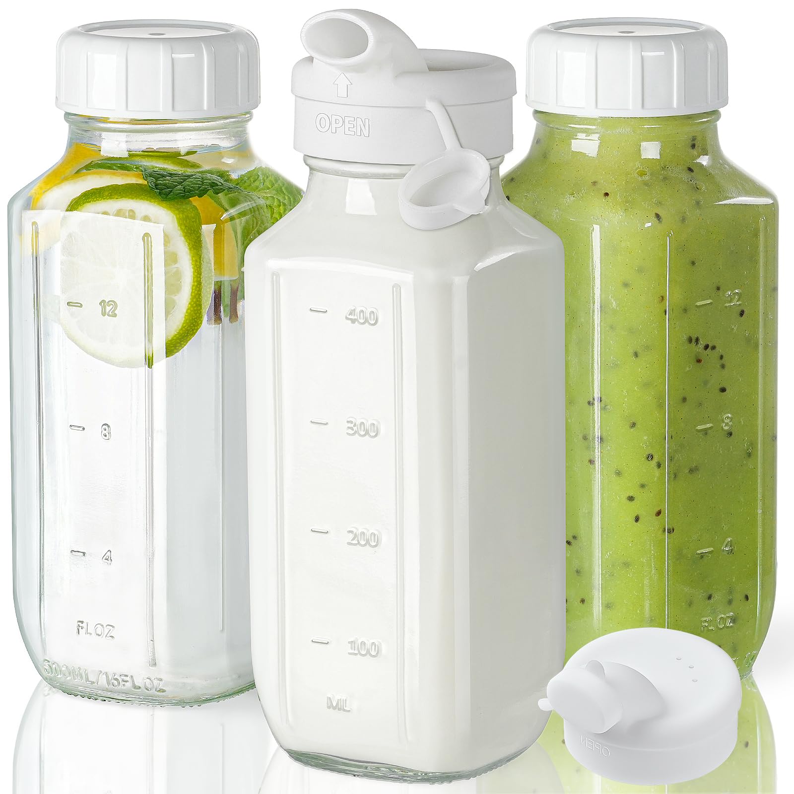 Saftflaschen aus Glas mit Deckel, 3er-Pack klare Wasserflaschen aus Glas mit 2 Ausgießern, 470 ml wiederverwendbare Milchkanne mit 100 % luftdichtem Verschluss und Skala für Saftbehälter, Muttermilchaufbewahrung, Trinkgefäß