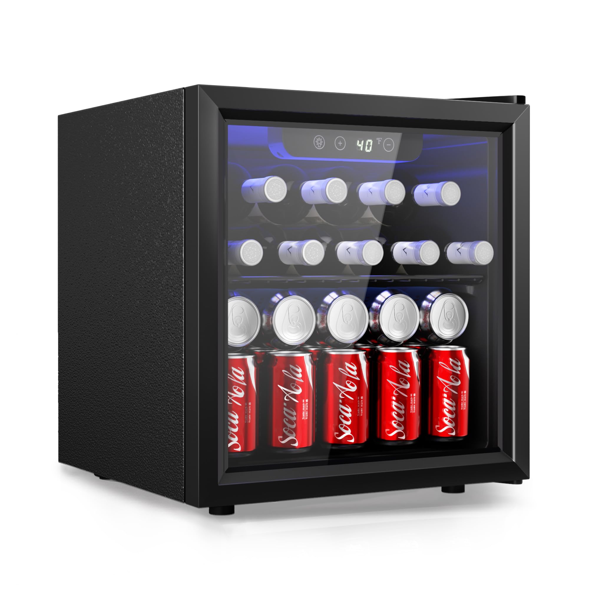 EUHOMY 48 Dosen Getränkekühlschrank – Mini-Kühlschrank mit Glastür für Bier, Getränke, Weine, Tisch-Getränkekühlschrank mit verstellbaren Einlegeböden, blauer LED für Zuhause/Büro/Schlafsaal/Bar, 36,8 l