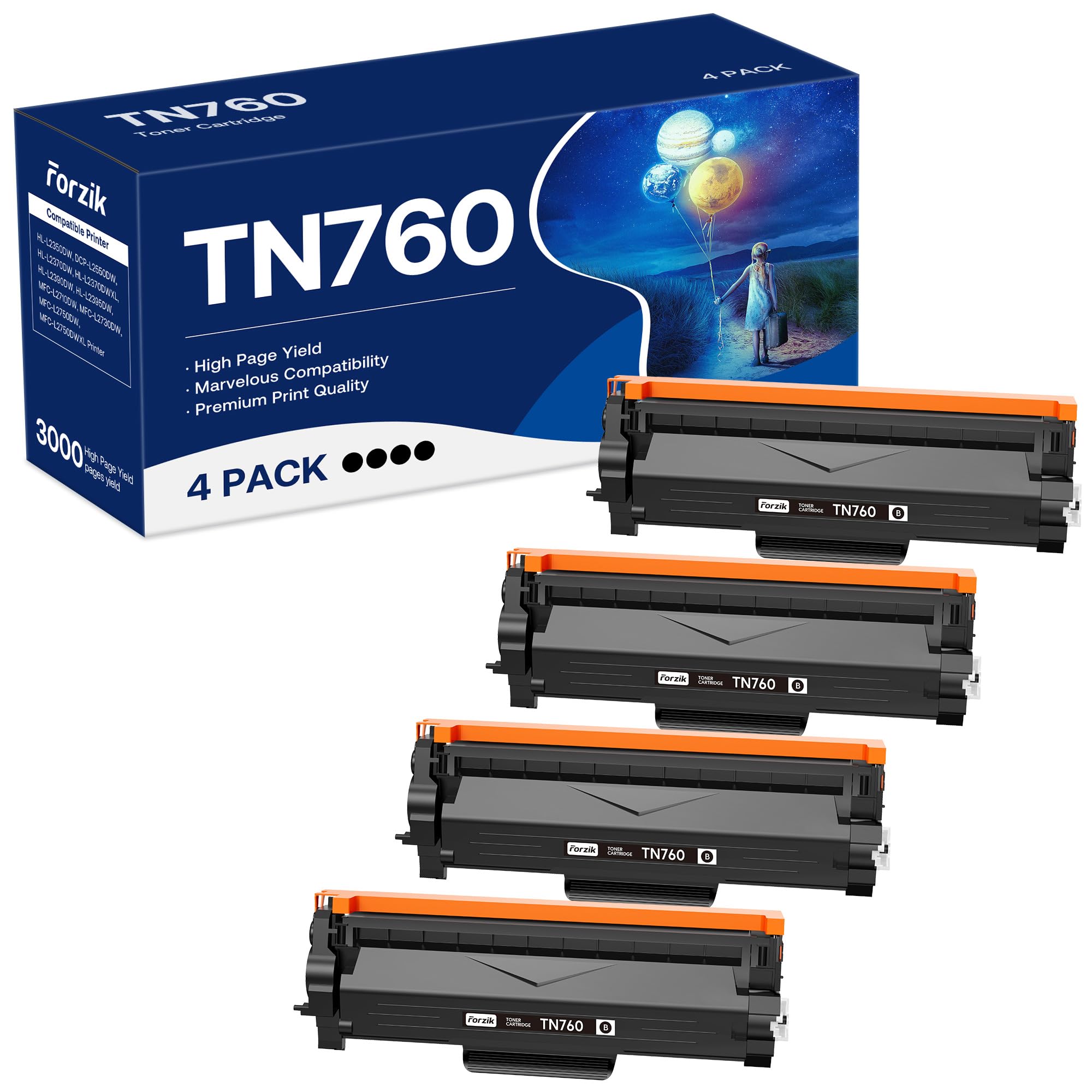 Forzik Kompatible Tonerkartuschen-Ersatz für Brother TN760 TN-760 TN730 TN-730 Hohe Reichweite Kompatibel mit DCP-L2550DW HL-L2350DW MFC-L2710DW Drucker (4 Schwarz)
