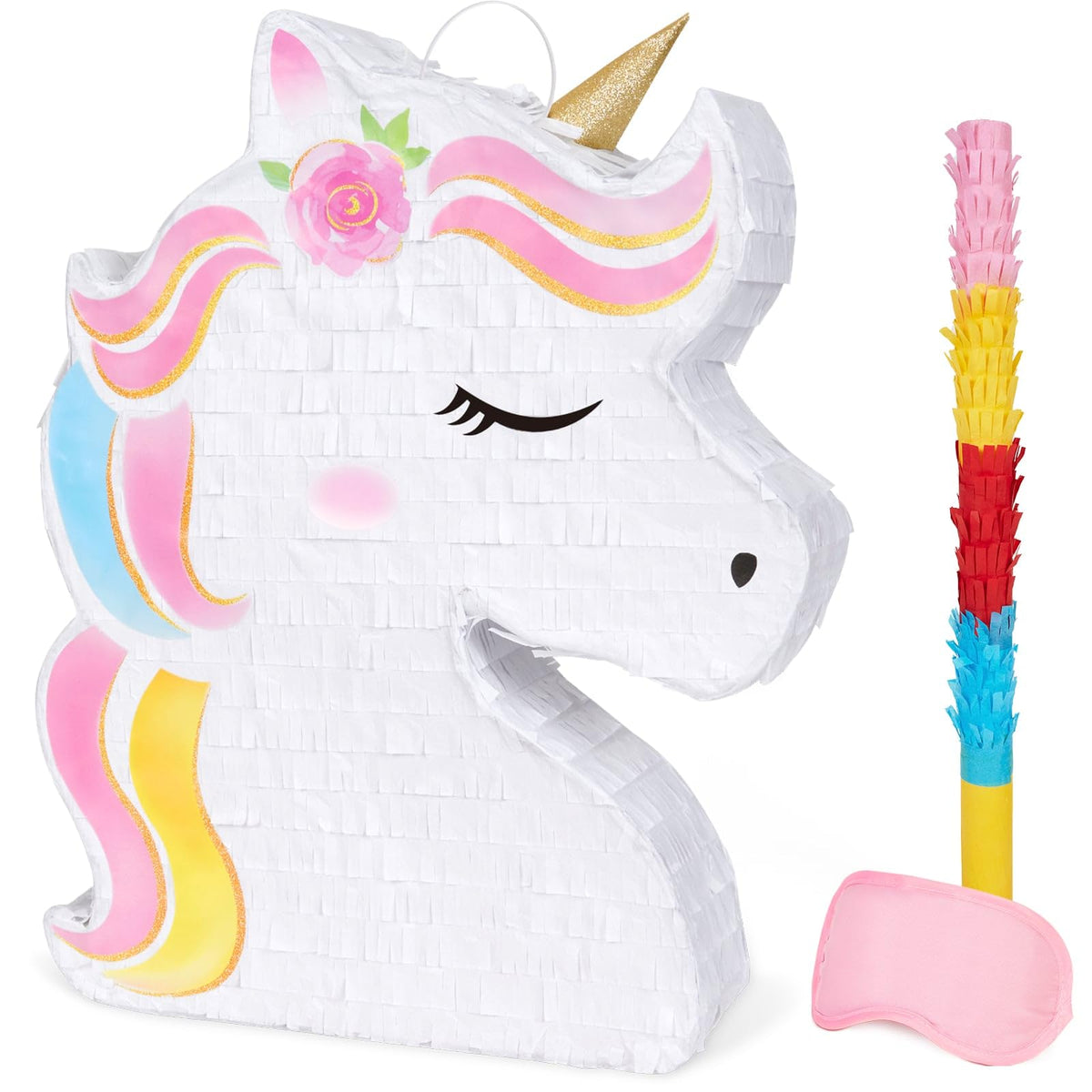 WERNNSAI Einhorn Piñata - Einhorn Partyzubehör Piñata Bündel mit Augenbinde und Schläger für Mädchen Kinder Regenbogen Einhorn Motto Geburtstag Party Spiel Dekorationen (40cm x 31cm x 8cm)