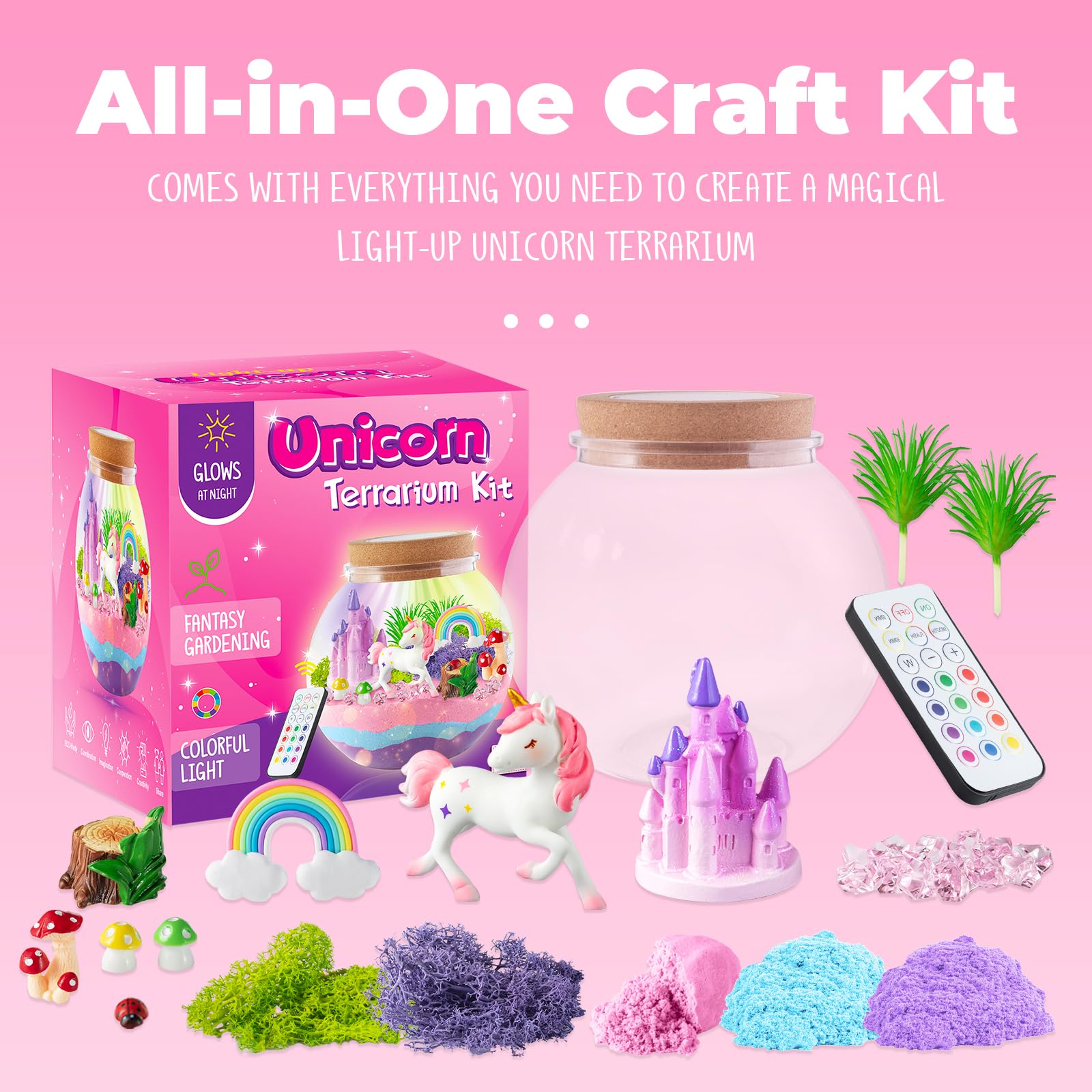 Unicorn Light-Up Terrarium Kit for Kids - LED Night Light Birthday Gift for Girls Ages 4 5 6 7 8-12 Year Old - Unicorn Toys for Girls - DIY Arts and Crafts Kit for Kids