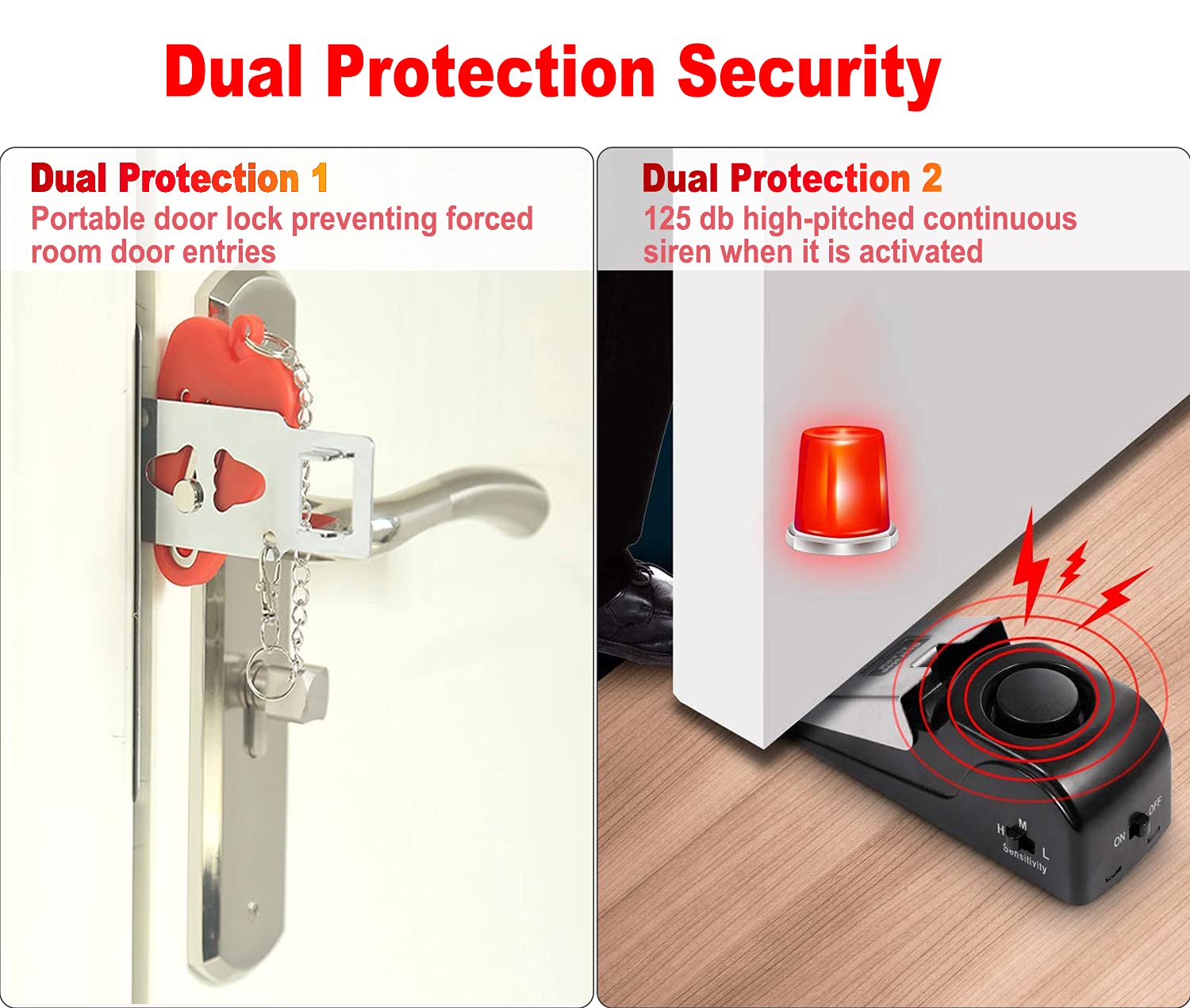 MBBEST Portable Door Lock & Door Stop Alarm,Dual Protection Security Devices Pocket Door Stopper Self Defensey Tools for Hotel Travel Home Apartment House, Red/Black