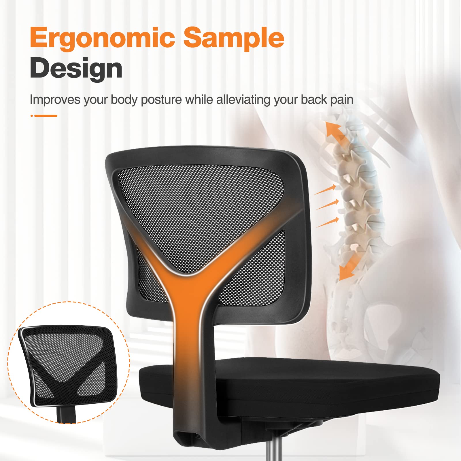 Sweetcrispy Office Computer Desk Chair, Ergonomic Low-Back Mesh Rolling Work Swivel Chairs with Wheels, Armless Comfortable Seat Lumbar Support for Home, Bedroom, Study, Student, Adults, Black