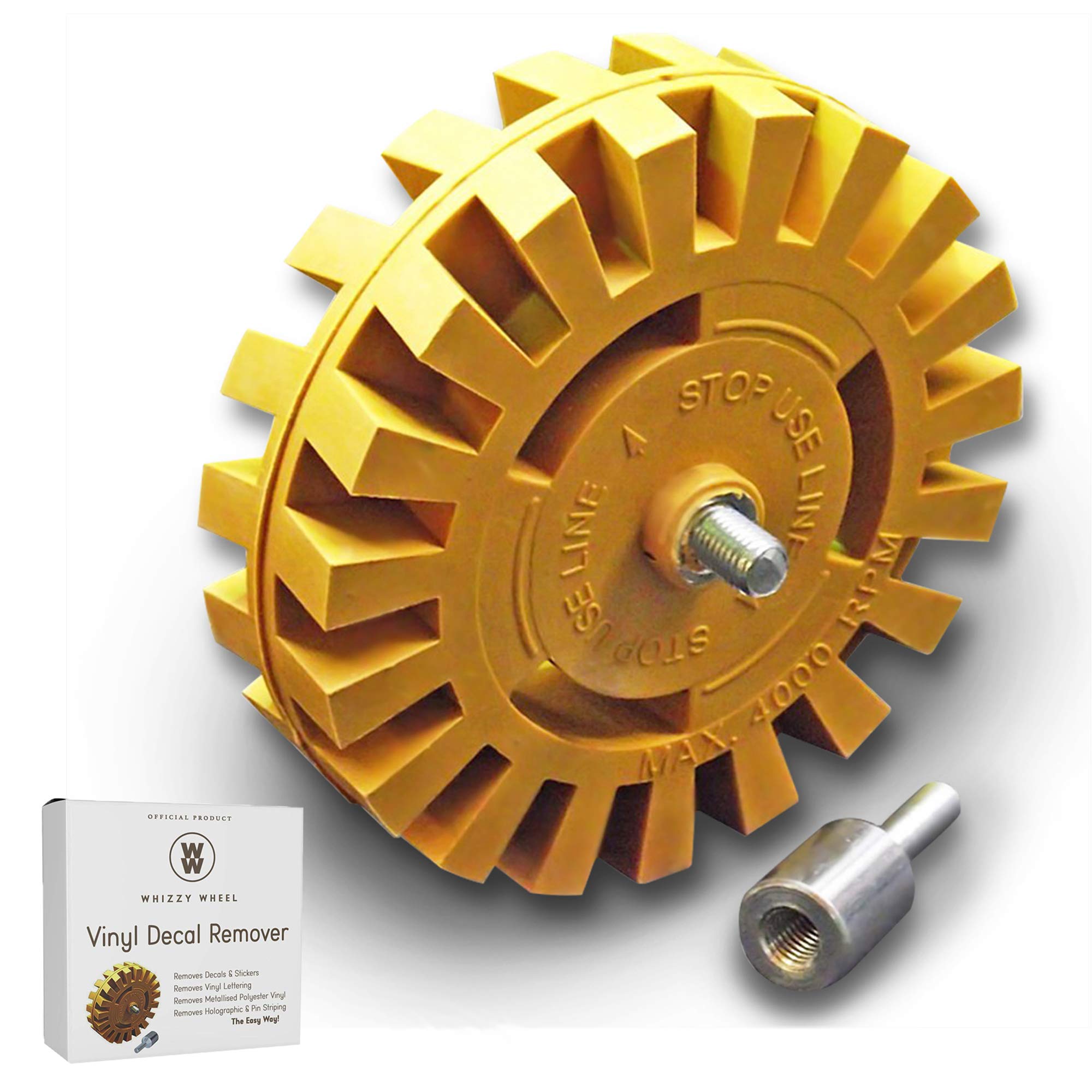 Whizzy Wheel 4 Inch Decal Remover Eraser Wheel - Easily Remove Car Stickers, Adhesive, Glass, Metal, Emblem, Vinyl and Pinstripes - Rubber Wheel with Drill Adapter for Quick and No Scratch Application