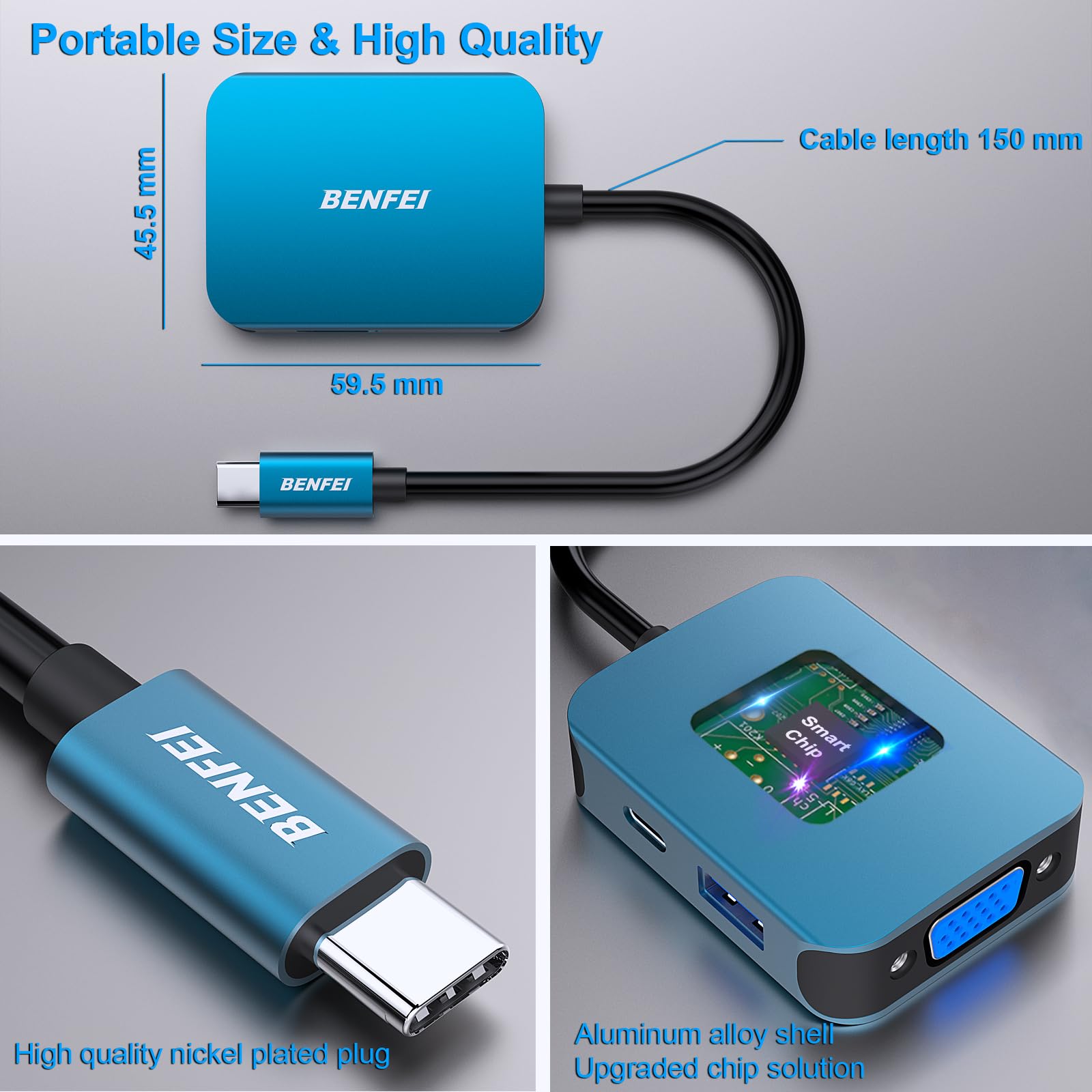 BENFEI USB C HUB 4-in-1, USB Type-C to HDMI VGA Adapter, USB C to USB Adapter, USB Type-C Power Delivery, Compatible with iPhone 15 Pro/Max, MacBook Pro/Air 2023, iPad Pro, iMac, S23, XPS 17