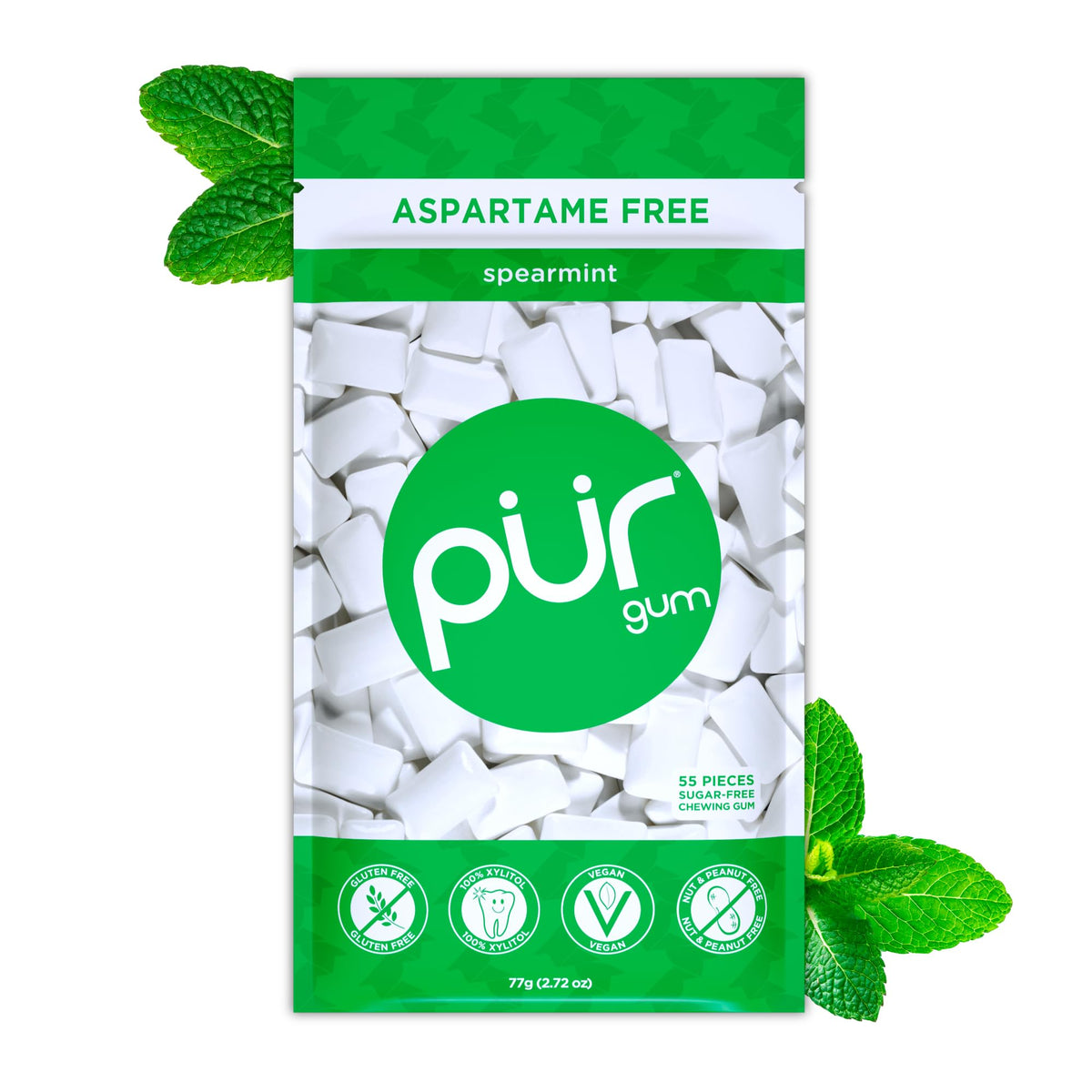 PUR Gum | Aspartamfreier Kaugummi | 100 % Xylit | Kaugummi mit natürlichem Spearmint-Geschmack, 55 Stück (1er-Pack)