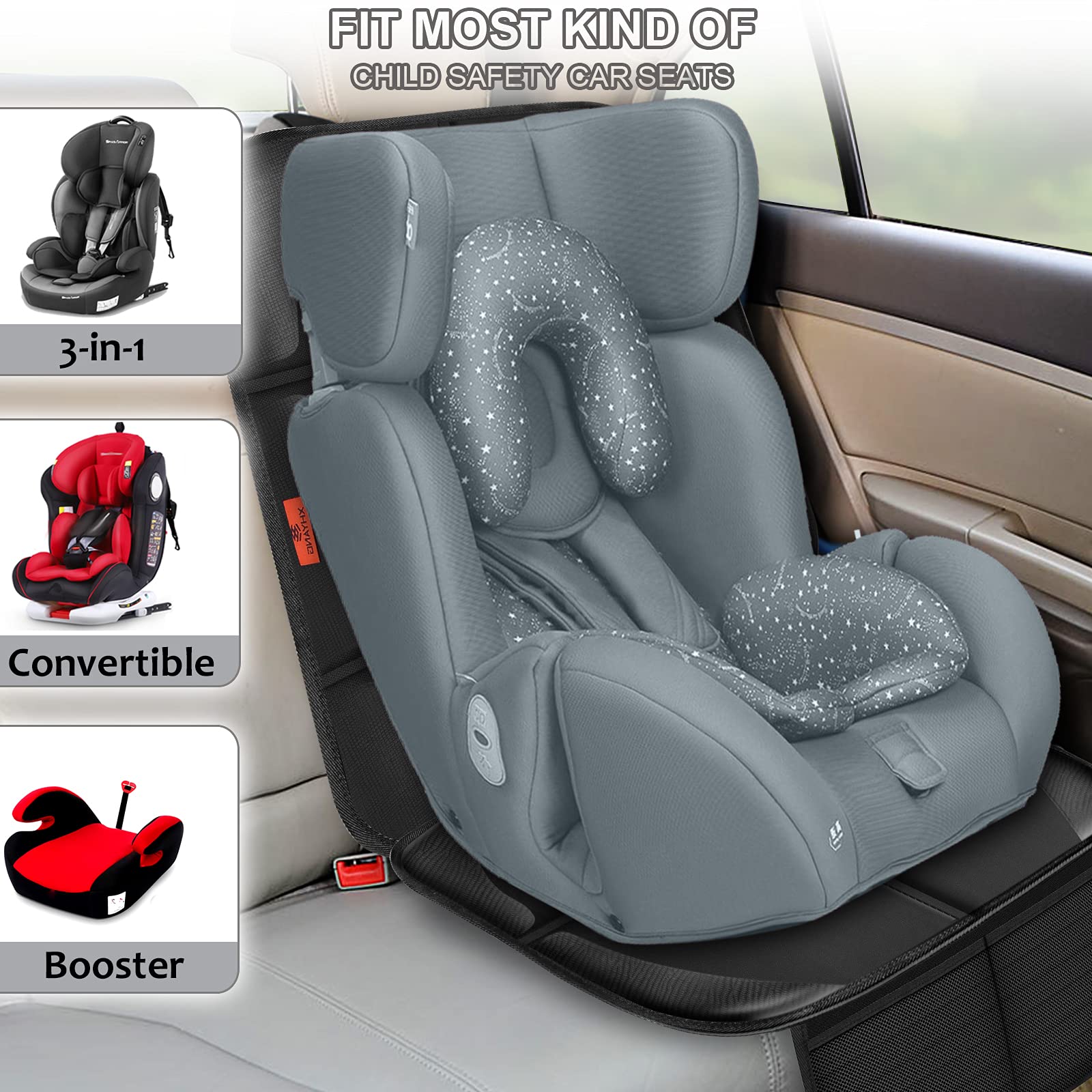 XHYANG Car Seat Protector,Auto Car Seat Protectors Baby Carseat Waterproof & Durable 600D Fabric for Child Baby Car Seat Mat Vehicle Pet Cover 2 Storage Pockets (2 Pack)