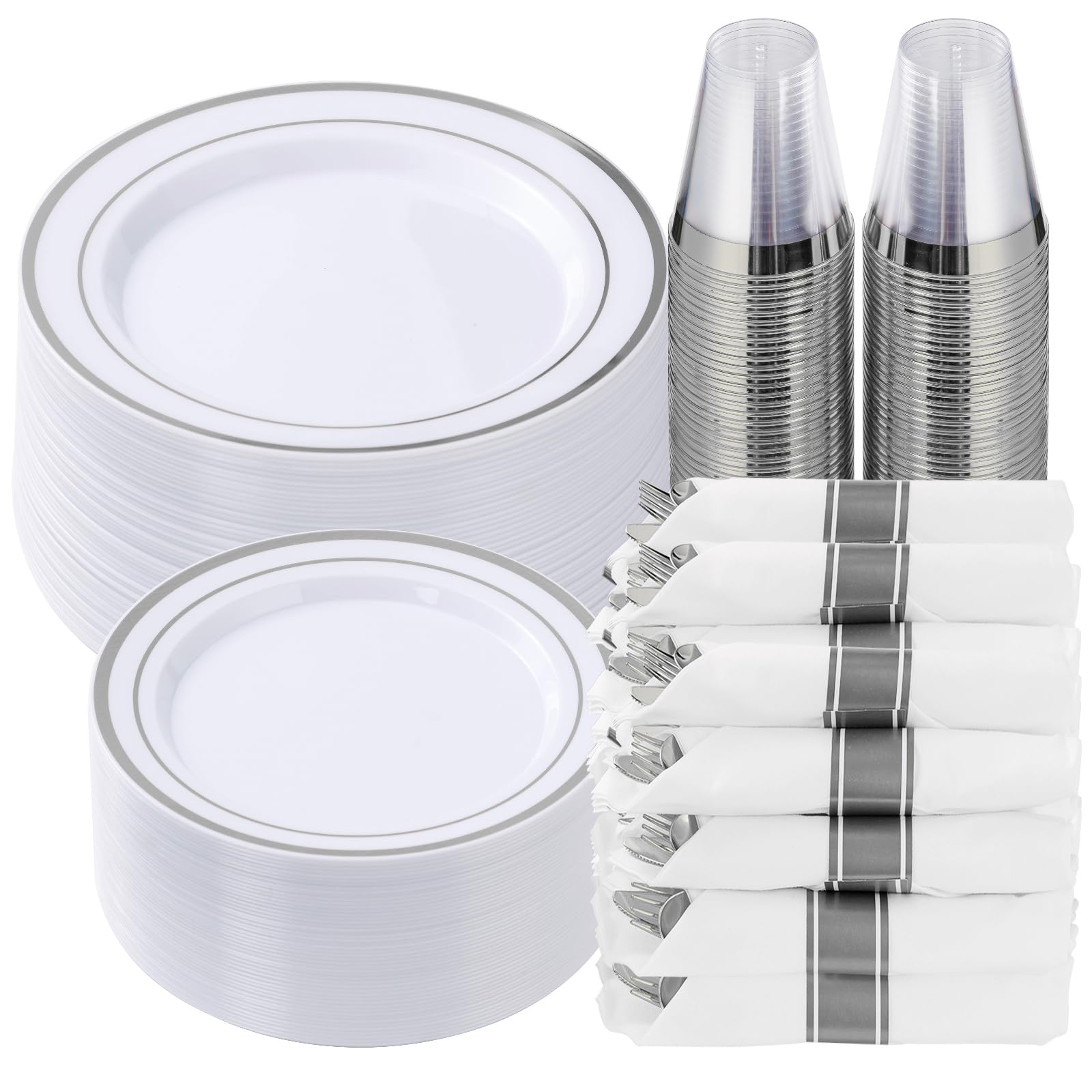 Goodluck 350-teiliges Tafelservice aus silberfarbenem Kunststoff für 50 Gäste, elegantes Einweggeschirr für Partys, beinhaltet: 50 Speiseteller, 50 Dessertteller, 50 vorgerollte Servietten mit silbernem Besteck, 50 Becher