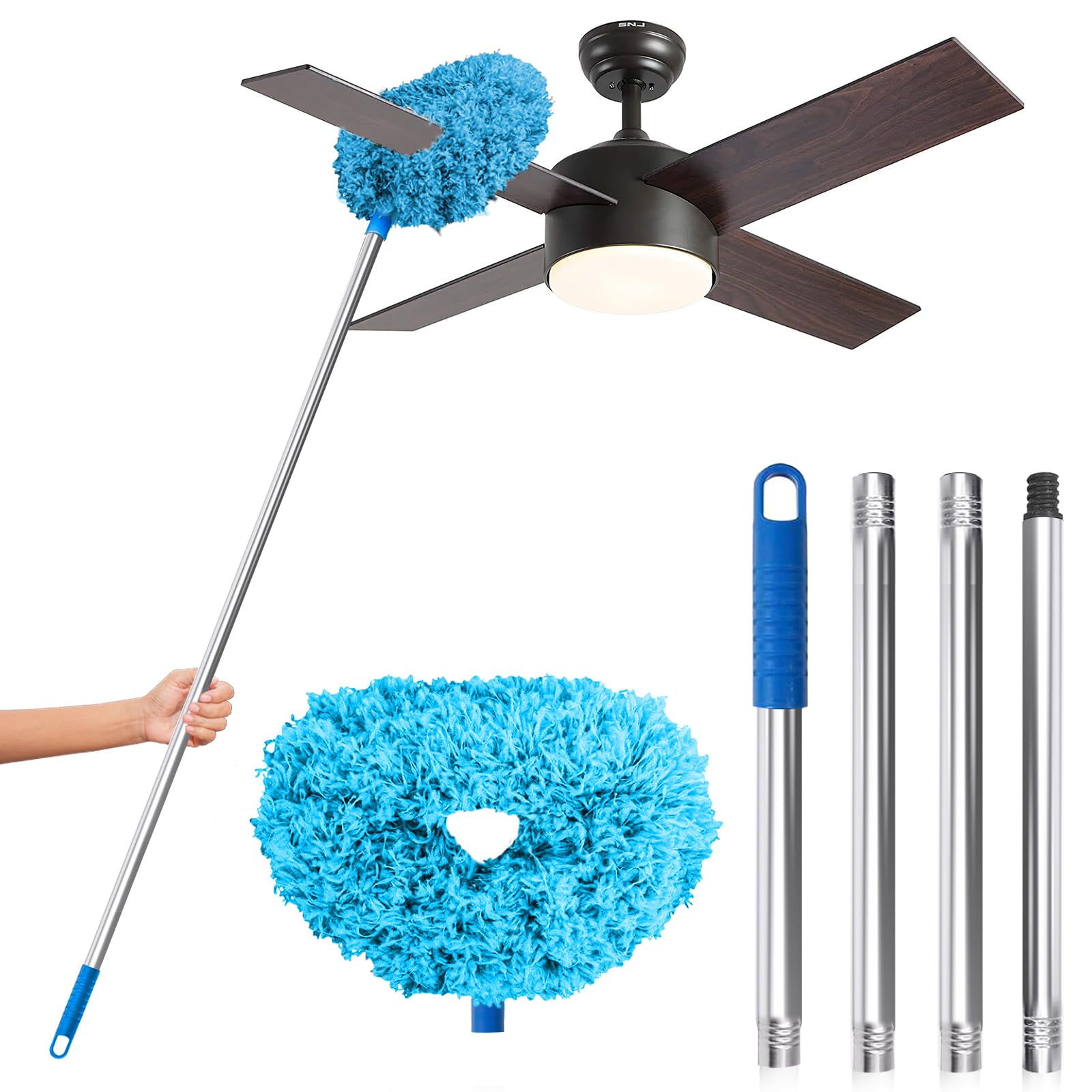 DRQ Deckenventilator-Reiniger, wiederverwendbarer Mikrofaser-Staubwedel mit Verlängerungsstange, 33 bis 122 cm Ventilatorflügel-Reiniger, abnehmbarer Staubwedel zum Reinigen von Wänden, Bücherregalen, Türen und Fensterrahmen (Blau)