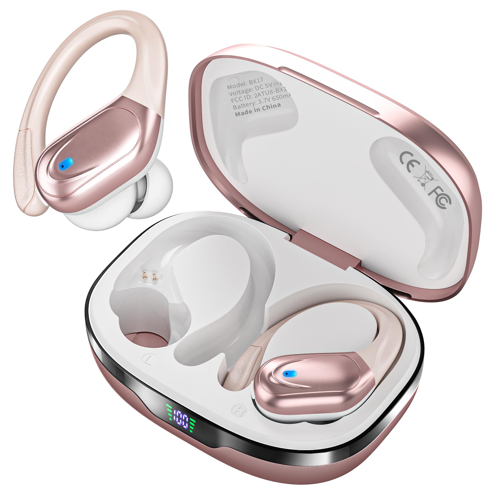 HAOYUYAN Wireless Earbuds, Sports Bluetooth Headphones, 80Hrs Playtime Ear Buds with LED Power Display, Noise Canceling Headset, IPX7 Waterproof Earphones for Workout/Running (Rose Gold)