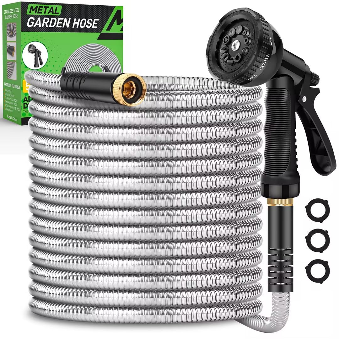 Gartenschlauch 15m, Hochleistungs-Edelstahl-Wasserschlauch mit 10 Funktionsdüsen, knickfest, leicht und flexibel, einfach zu bedienen und zu lagern, stark und robust, geeignet für Hof und Rasen