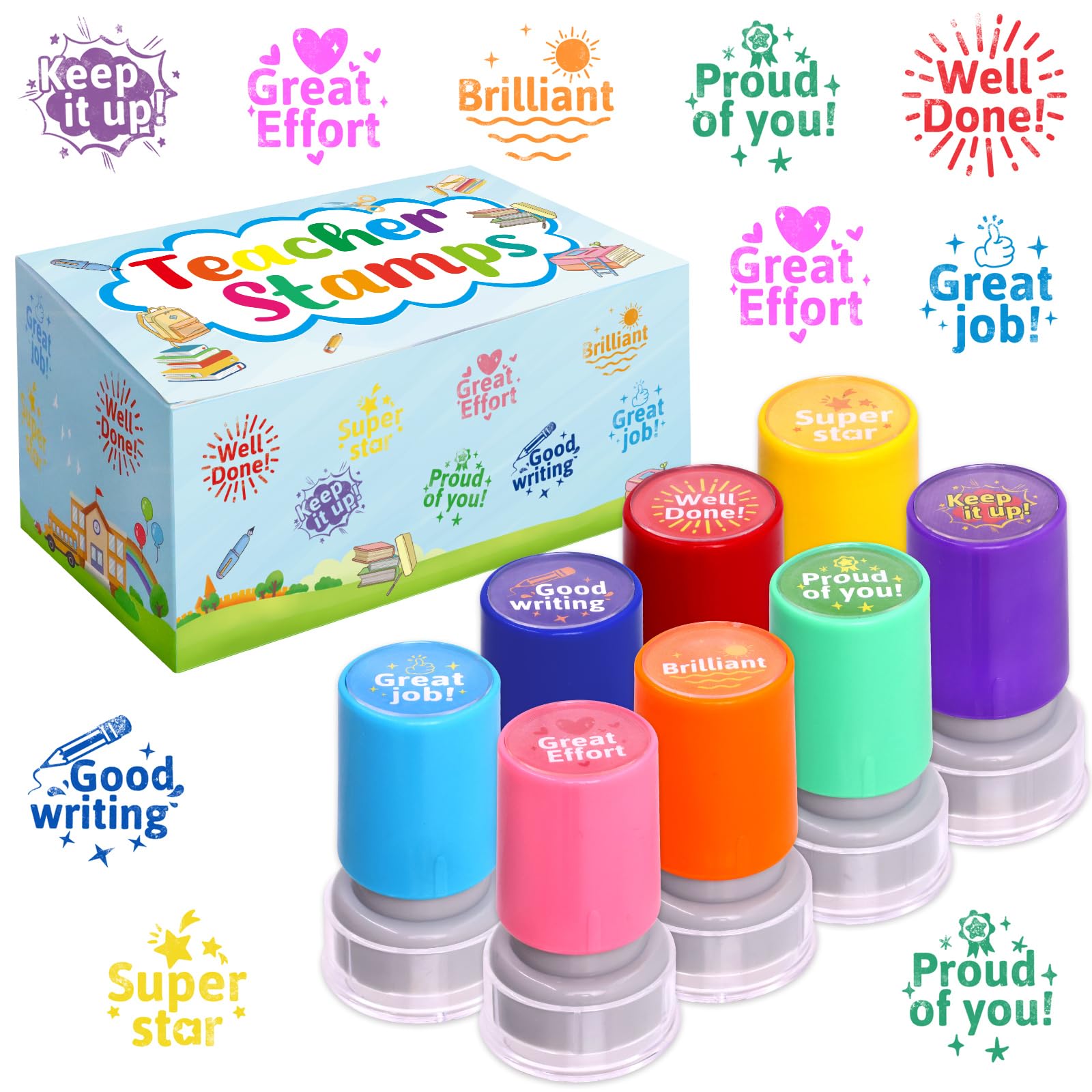 Fancy Land Lehrerstempel, selbstfärbend, für Klassenzimmer, Gummi-Stempel für Noten, Hausaufgaben, Tests, Motivation, Belohnungszubehör für Schülerverhalten, 8-teilig