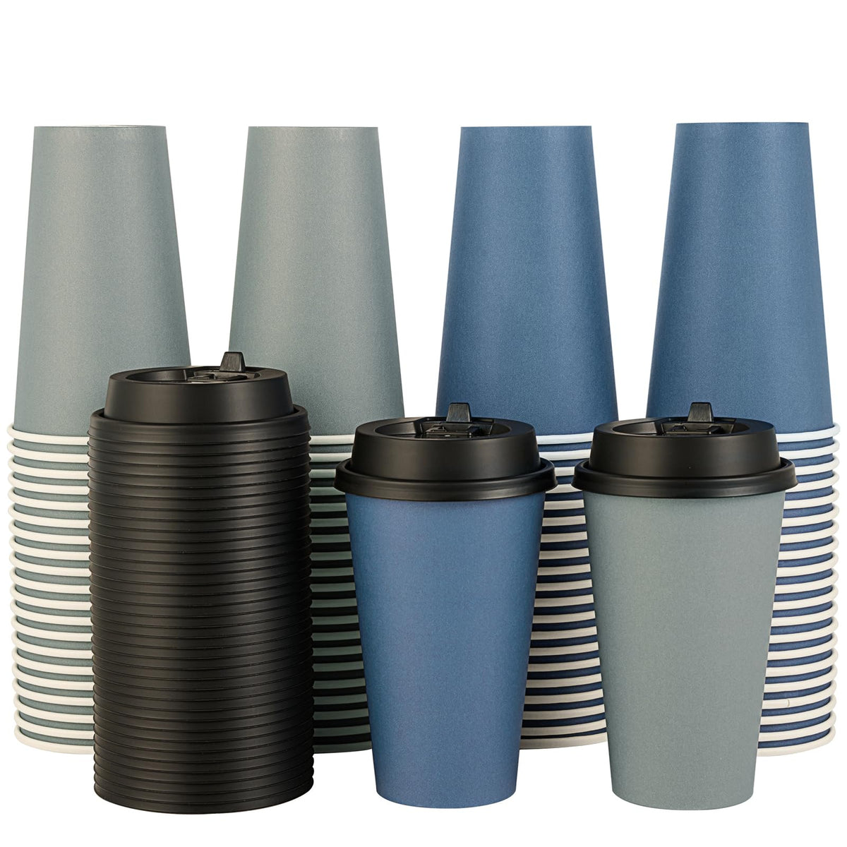 LITOPAK 100 Stück 470 ml Einweg-Kaffeebecher aus Papier mit Deckel für Kaffee, Wasser, Saft oder Tee, blau-graue Heißgetränkebecher aus Papier für Zuhause, Restaurant, Geschäft und Café