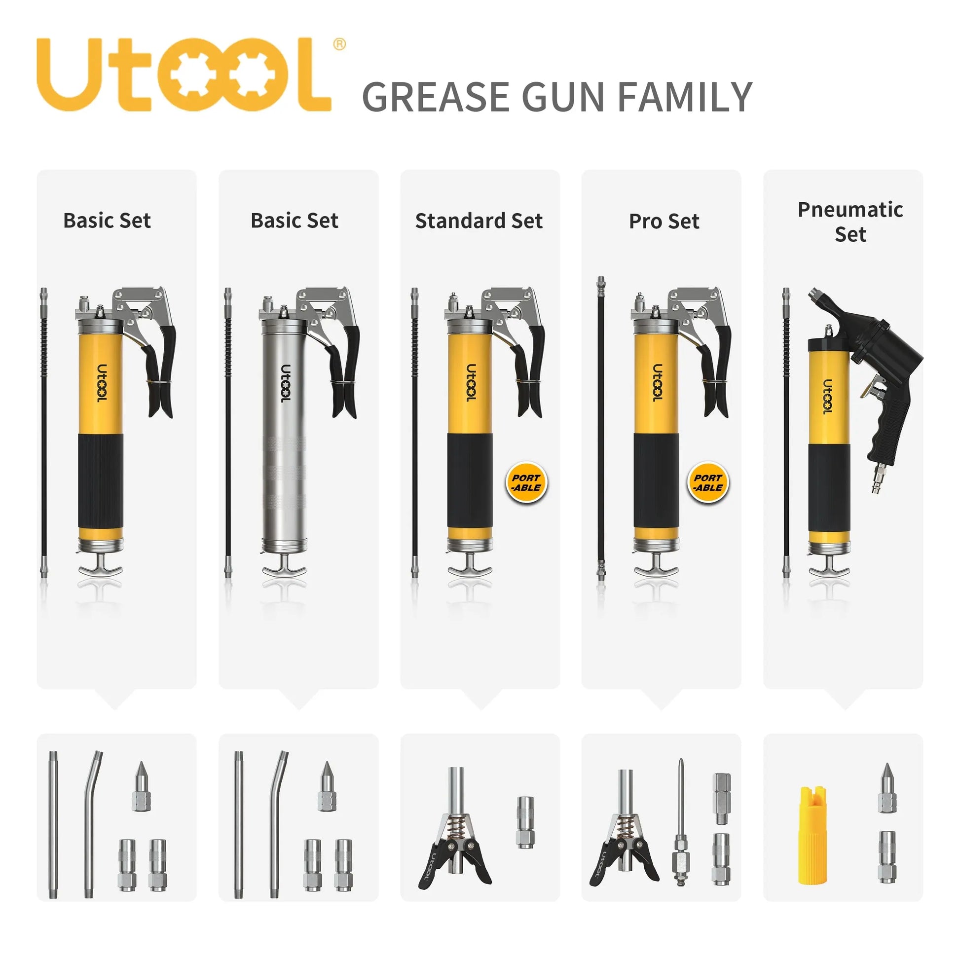 UTOOL Grease Gun, 8000 PSI Heavy Duty Pistol Grip Grease Gun Kit with 14 oz Capacity, 18 Inch Resin Flex Hose, 2 Basic Coupler, 2 Extension Rigid Pipe and 1 Sharp Type Nozzle, Argent Matte Finish
