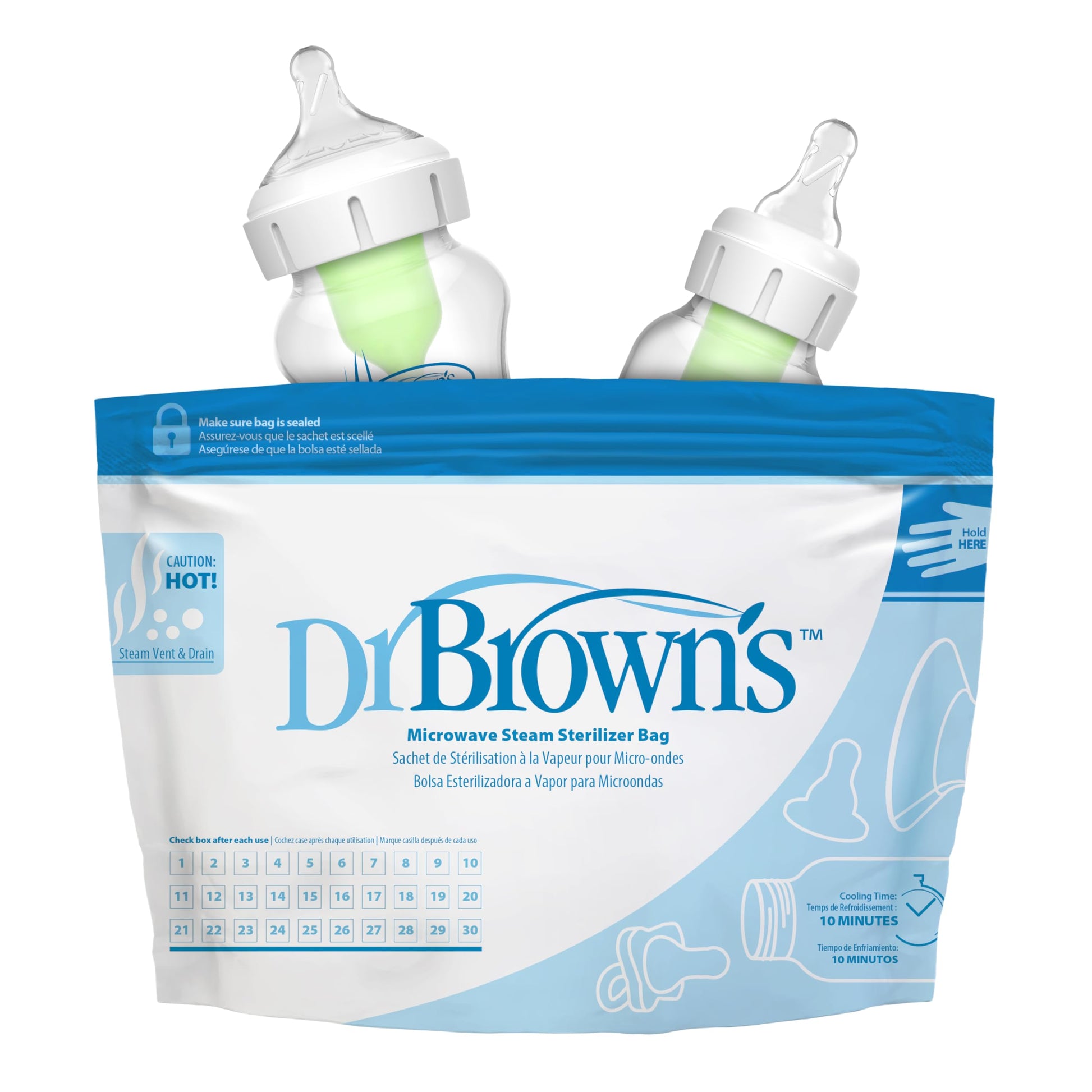 Dr. Brown's Microwave Steam Sterilizer Bags for Baby Bottles, Pacifiers, Pump Parts and Accessories, Travel Baby Bottle Sterilizer, 30 Uses per Bag, 5 Count (Pack of 1)