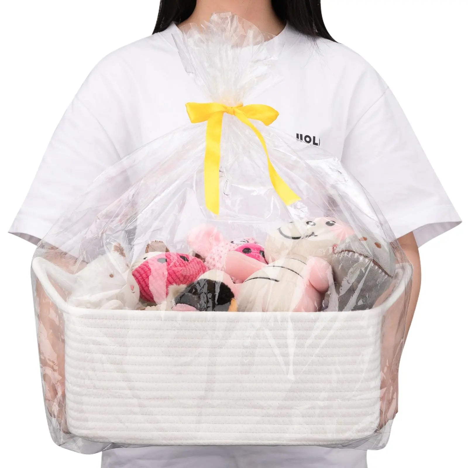 OIAHOMY Woven Basket, Gift Basket Empty with Gift Bags and Ribbons, Rope Baskets for Baby Showers,Halloween, Storage Baskets with Handles for Nursery, Pet Toy Organizer - White