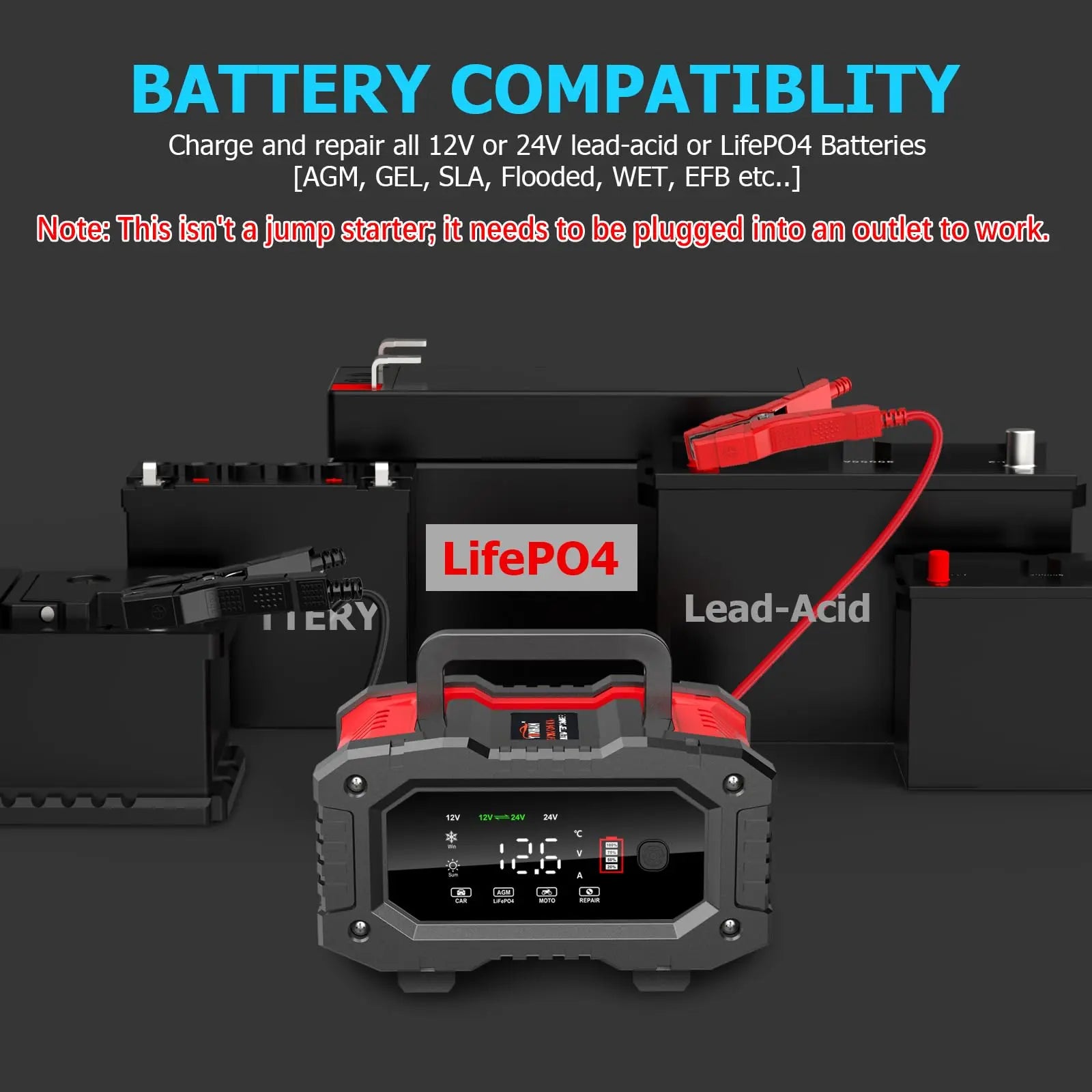 YONHAN Battery Charger 20A 12V/24V LiFePO4 Lead Acid Fully Automatic Battery Maintainer, Car Battery Trickle Charger Automotive w/Repair, Winter Mode, for AGM, STD, Gel, Deep Cycle Batteries