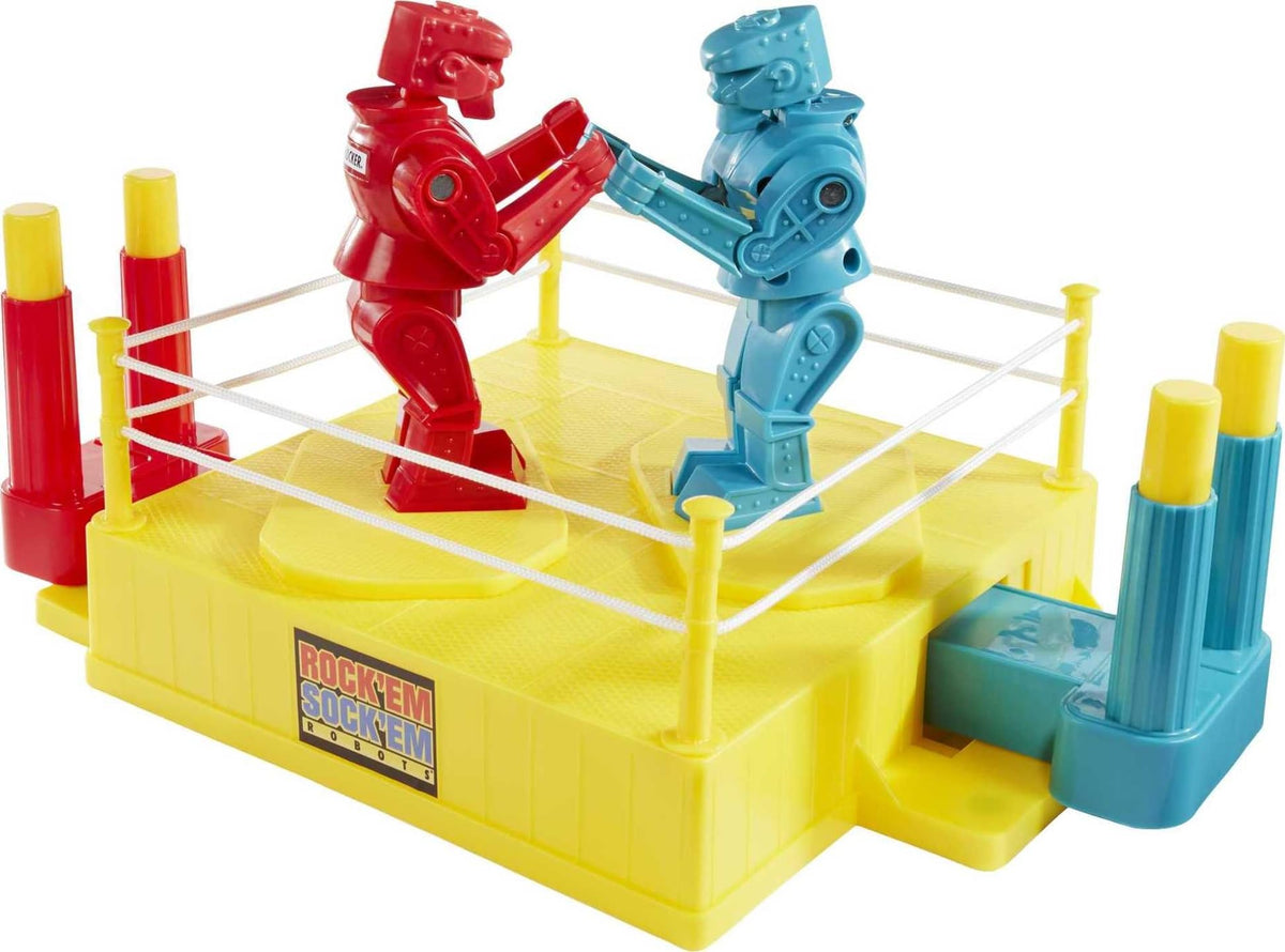 Mattel Games Rock 'Em Sock 'Em Robots Kinderspiel, Kampfroboter mit Red Rocker & Blue Bomber, Knock His Block Off
