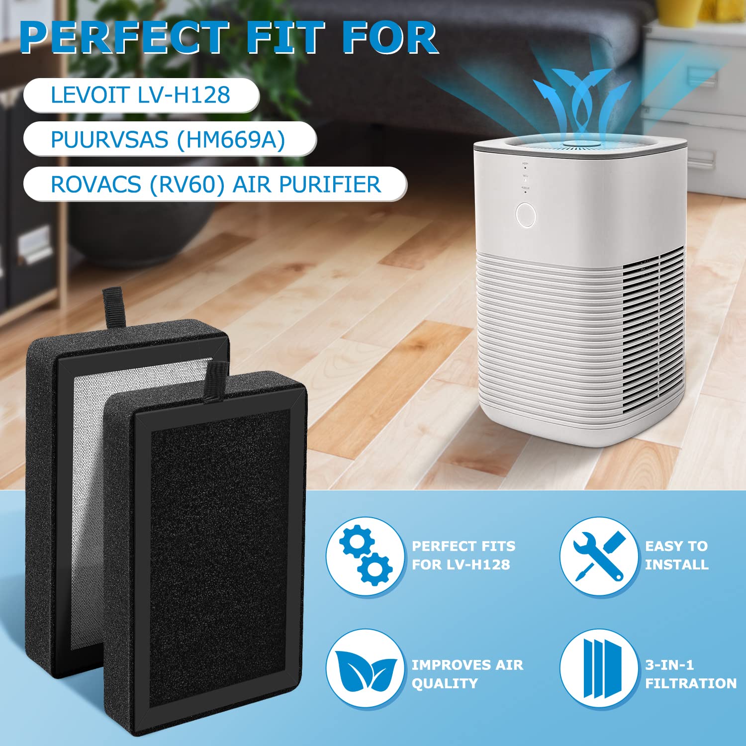 4 Pack LV-H128 Replacement Filter Compatible with LEVOIT LV-H128 / PUURVSAS (HM669A) / ROVACS (RV60) Air Purifier, 3-in-1 HEPA and Activated Carbon Filters, Replace Part #LV-H128-RF