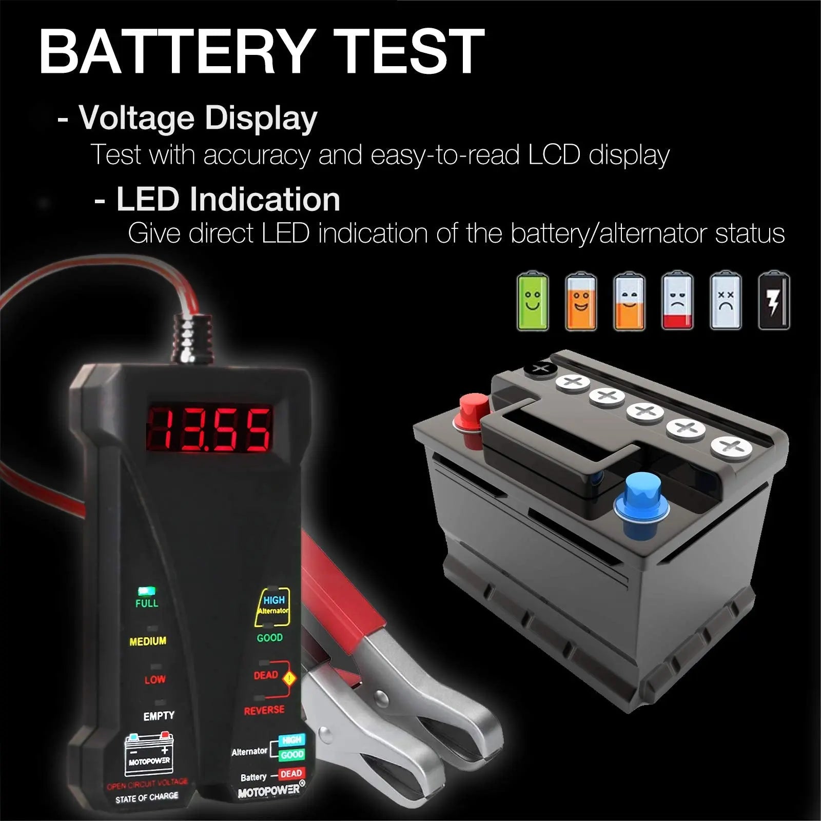 MOTOPOWER MP0514A 12V Digital Car Battery Tester Voltmeter and Charging System Analyzer with LCD Display and LED Indication - Black Rubber Paint