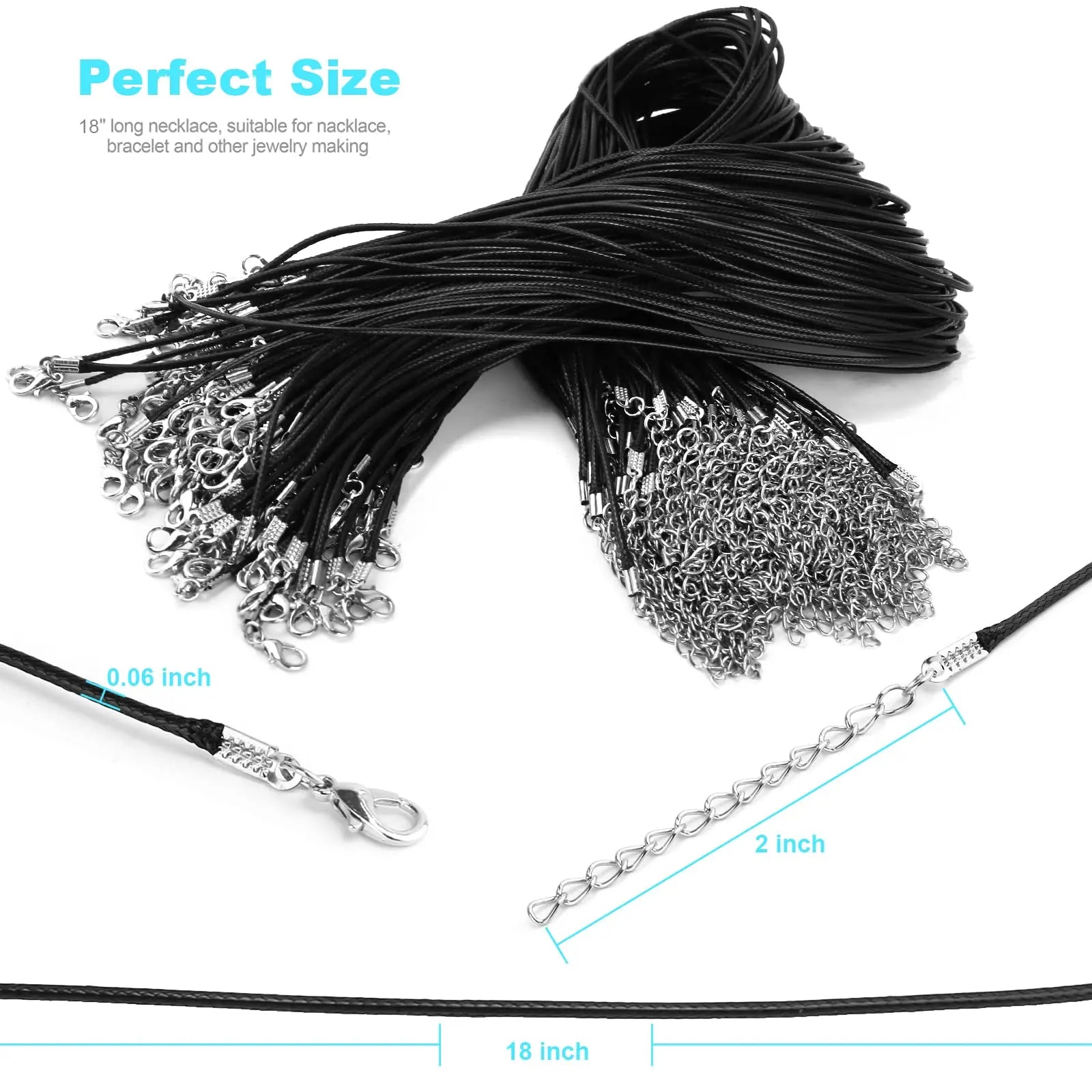 100Pcs Premium Leather Necklace Chains Bracelet Cord with Clasps for Pendants, Bulk Waxed Rope Necklace String, Black , 18" for Jewelry Making Supplies, 1.5mm DHOOZ