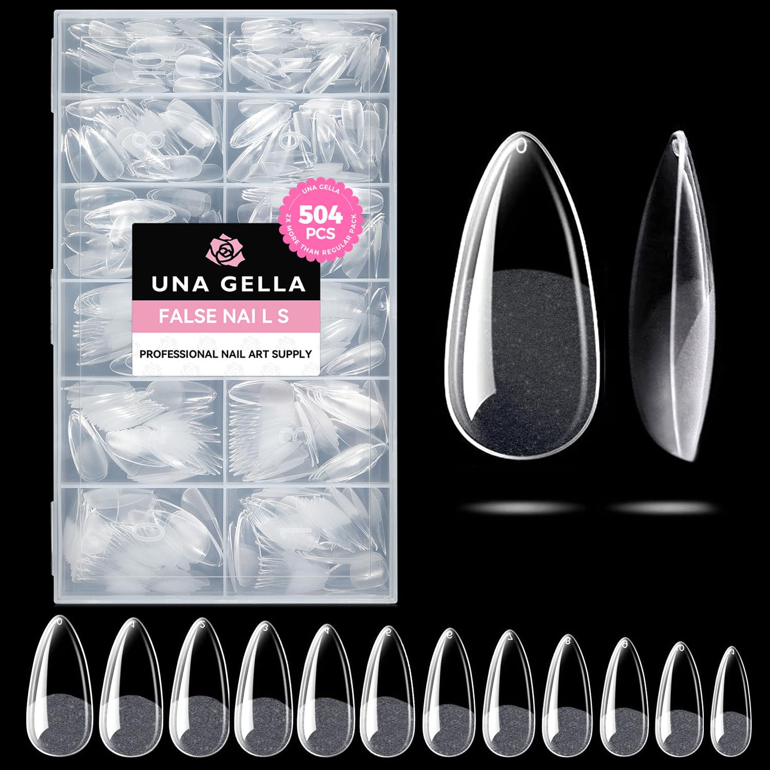 UNA GELLA Mandel-Gel-Nagelspitzen, 504 Stück vorgeätzte klare künstliche Nagelspitzen mittelgroße Mandelform – 12 Größen Full Cover weiche Acryl-Press-on-Nagelverlängerungen ohne C-Kurve Geschenk für Heimwerker