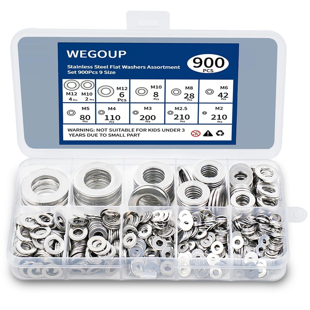 WEGOUP 900 Pcs Stainless Steel Flat Washers for Screws, 304 Stainless Steel, Assorted Sizes (M2 M2.5 M3 M4 M5 M6 M8 M10 M12) for Industrial Use, Washers for Bolts