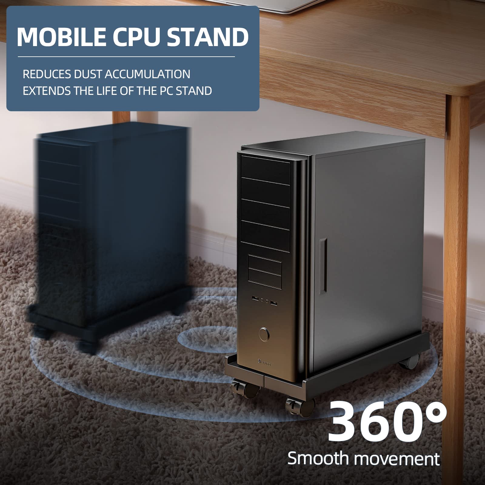 Adjustable Mobile CPU Stand, Ventilated Computer Tower Stand with 4 Caster Wheels Fits Most PC Tower, Under Desk CPU Holder PC Floor Cart Computer Riser for Gamers and Students (Black)