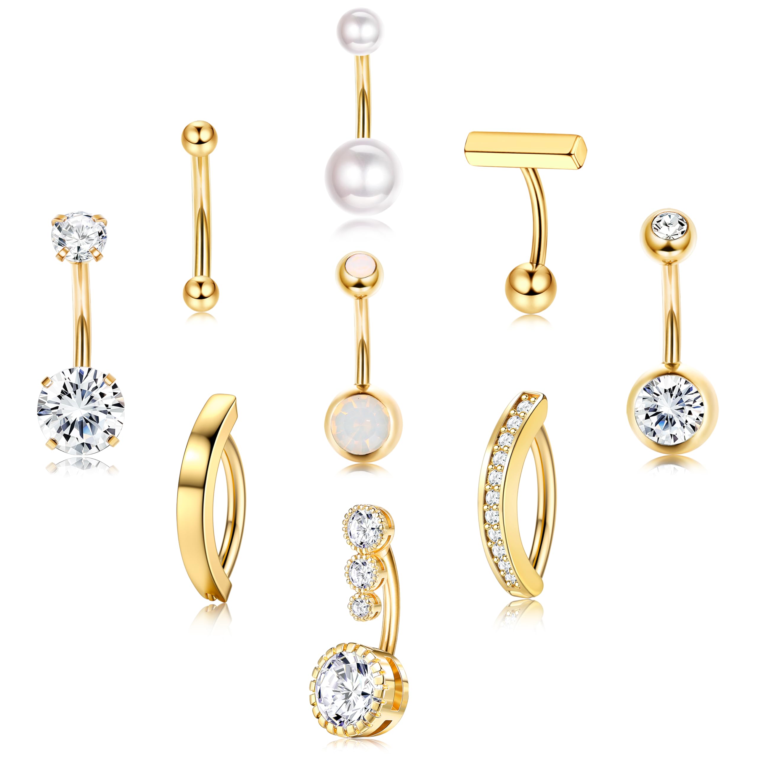FIASASO 9 Stück Gold Bauchnabelpiercing – Chirurgenstahl Zirkonia Opal Perle Clicker Piercings für Damen Nabel Pack Silber/Gold