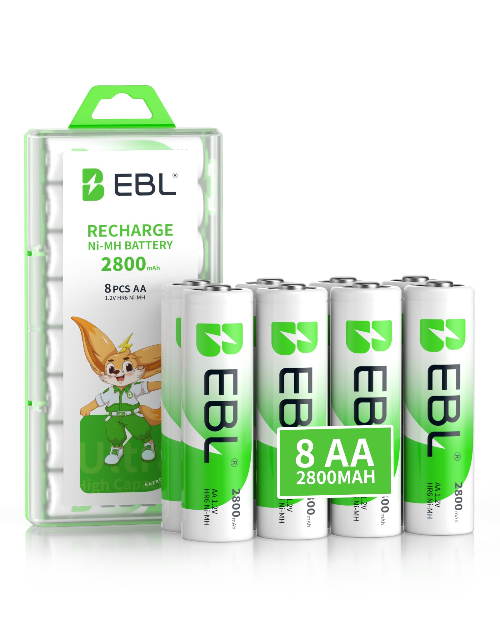 EBL 8er Pack AA-Batterien, 2800mAh, hohe Kapazität, vorgeladene Ni-MH AA Akkus