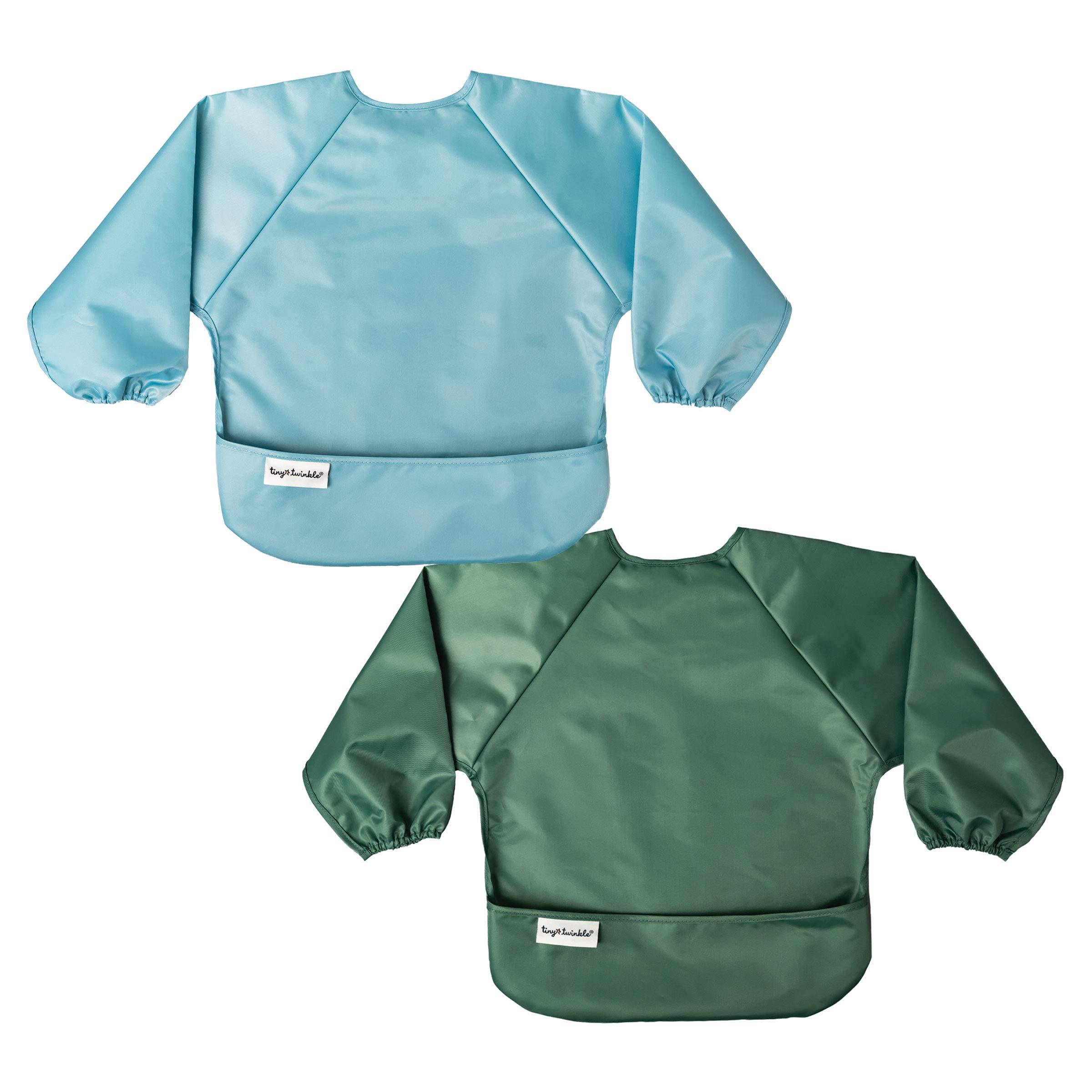 Tiny Twinkle Mess Proof Baby Bibs, 2pk Waterproof Smock Baby Bibs for Eating, Machine Washable Long Sleeve Bibs, Baby Led Weaning, Toddler Bibs, BLW Supplies (Slate Olive, Small 6-24 Months)
