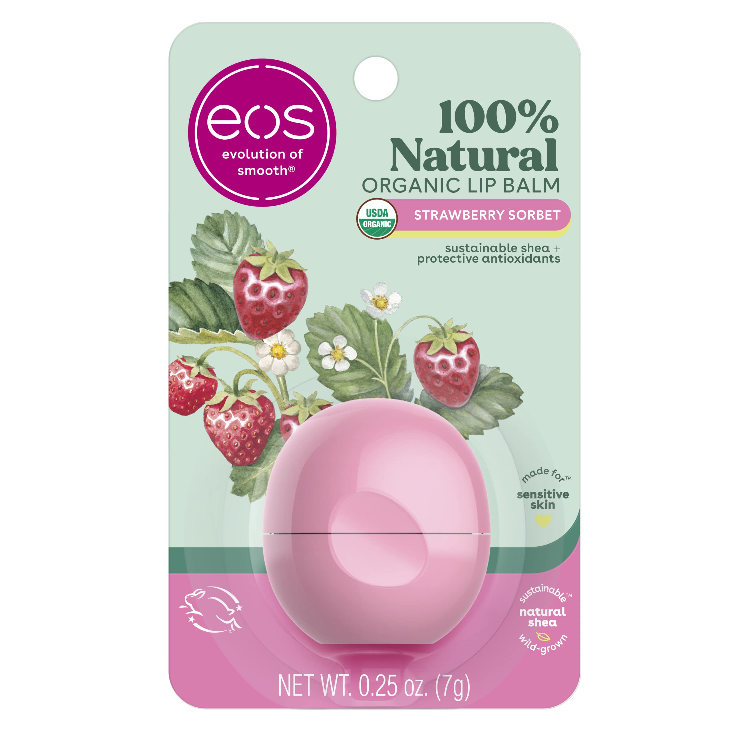 eos 100 % natürlicher & Bio Lippenbalsam – Strawberry Sorbet, ganztägige Feuchtigkeit, von Dermatologen für empfindliche Haut empfohlen, Lippenpflegeprodukte, 7 g