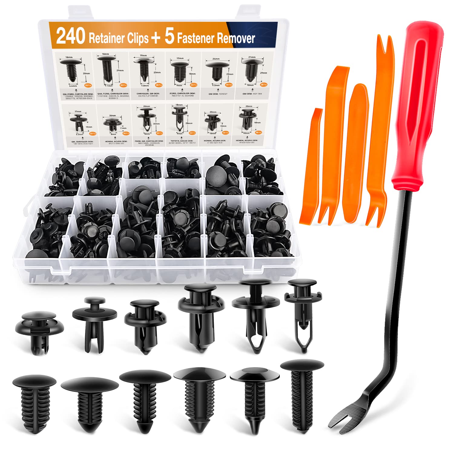 GOOACC - GRC-33 240-teiliges Stoßfänger-Befestigungsclips-Set, Auto-Kunststoffnieten, Befestigungs-Drucknieten-Kit, die gängigsten Größen, Auto-Drucknieten-Set – Türverkleidungs-Kotflügelclips für GM, Ford, Toyota, Honda, Chrysler