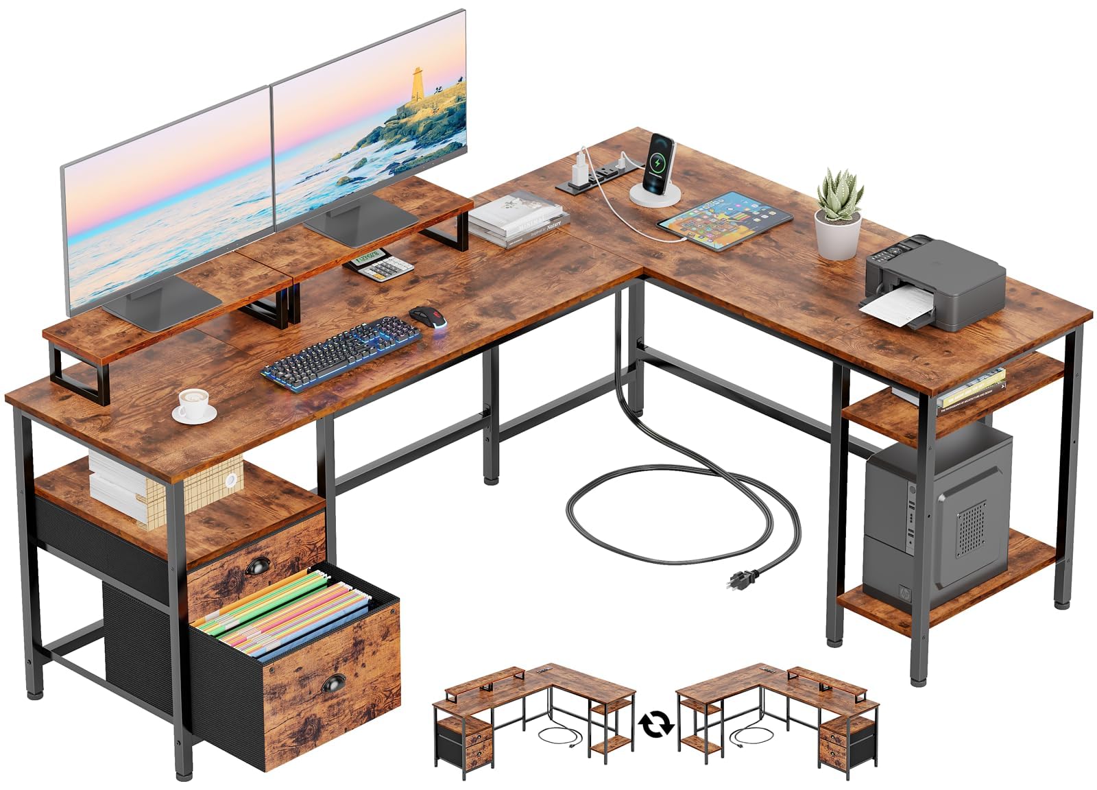Furologee 66" L-förmiger Schreibtisch mit Steckdose, umkehrbarer Computer-Gaming-Schreibtisch mit Aktenschublade & 2 Monitorständern für Home Office mit Ablagefächern, Rustikales Braun