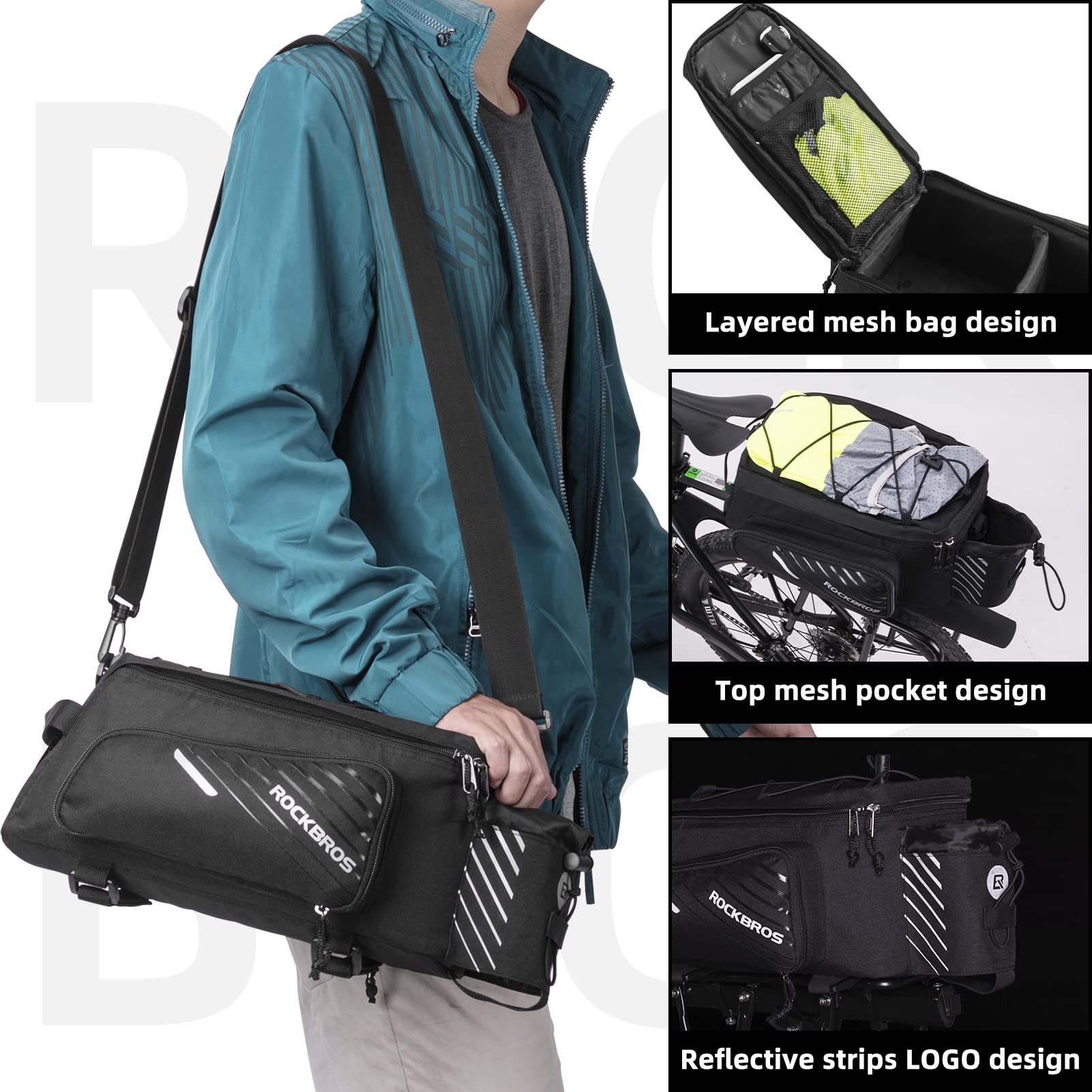 ROCKBROS Bike Rack Bag Bicycle Bag Trunk Rear Rack Bag Bike Panniers Bike Accessories Basket Storage Luggage Saddle Shoulder Bag 13L for E bike, Bicycle With Rain Cover Biking Accessories Gear
