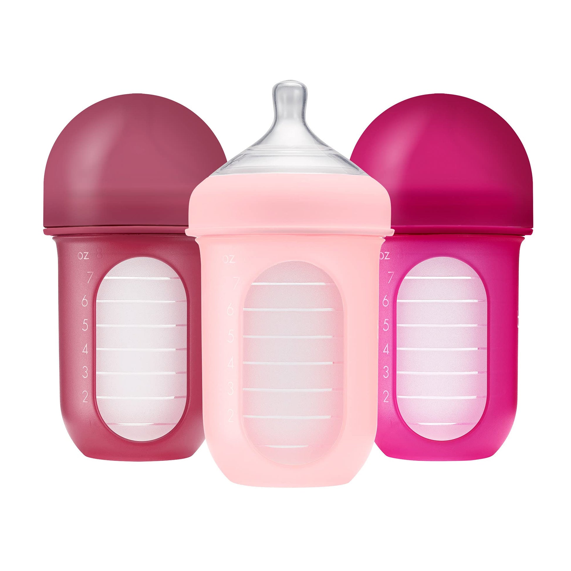 Boon Nursh Reusable Silicone Pouch Baby Bottles - Medium Flow Nipple - Silicone Baby Bottle Pouch and Nipple - Baby Feeding Essentials - Pink - 3-6 Months - 3 Count - 8 Ounce