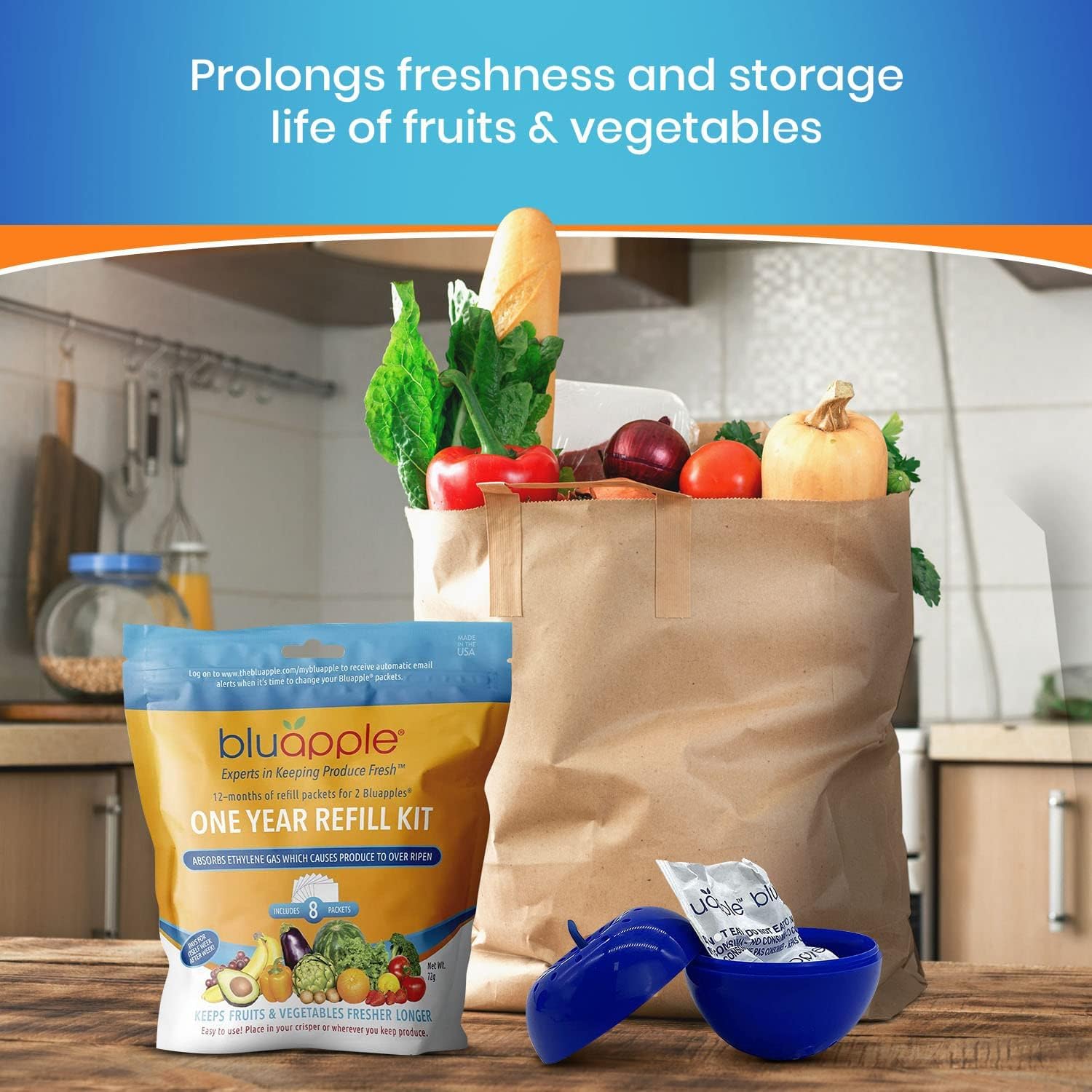 Bluapple Produce Saver Refill Kit - Keep Fruits & Vegetables Fresh Longer, Veggie & Fruit Saver, 8 Packets (9 grams each), Lasts up to 3 Months, Produce Storage, Ethylene Gas Absorber, Made in USA