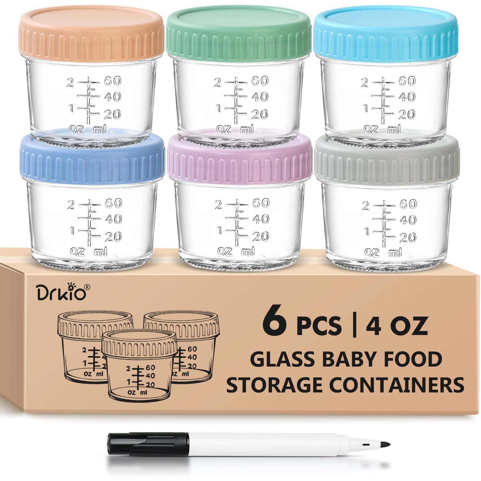DRKIO 6er-Pack Babykostbehälter aus Glas – 120 ml Babygläschen mit Deckel, babynahrungszubereiter, Mikrowellen-, Spülmaschinen- und Gefriergeeignet, 100 % auslaufsicher, BPA-frei, wiederverwendbar