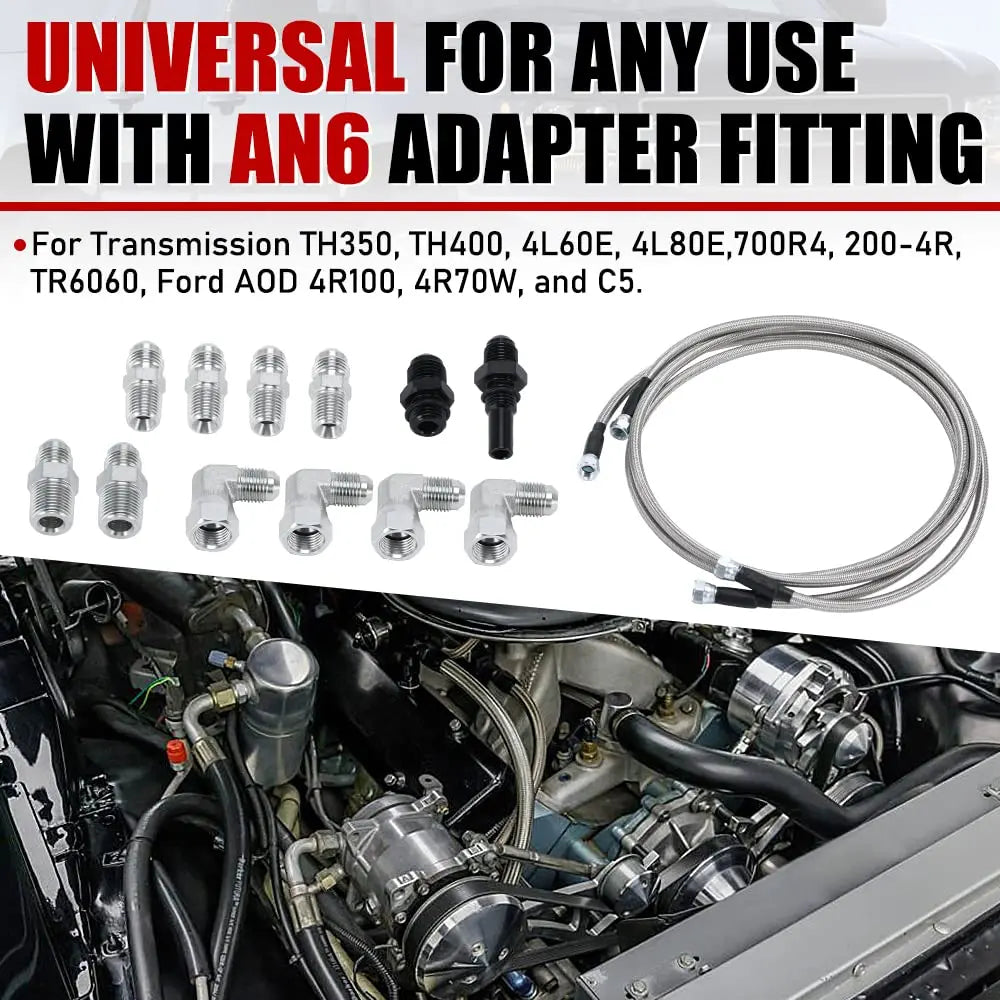 6AN 70" Transmission Fluid Oil Cooler Hose Line kit for GM Chevy Transmission 4L80E TH350 TH400 4L60E 700R4 200-4R TR6060 Ford AOD 4R100 4R70W and C5 Stainless Steel Braided PTFE Hose