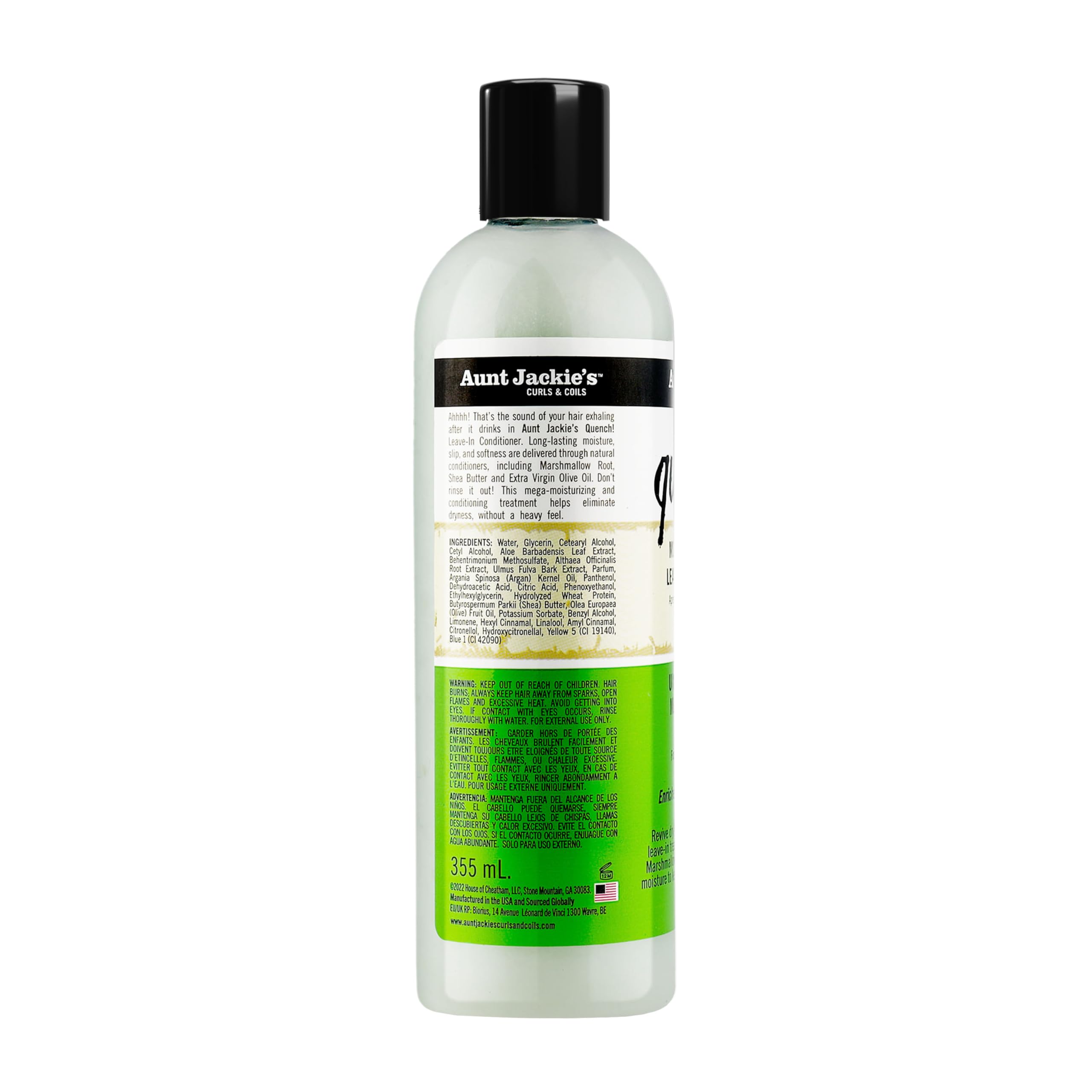 Aunt Jackie's Curls and Coils Quench Moisture Intensive Leave-In Hair Conditioner for Natural Curls, Coils and Waves, Enriched with Shea Butter, 12 oz