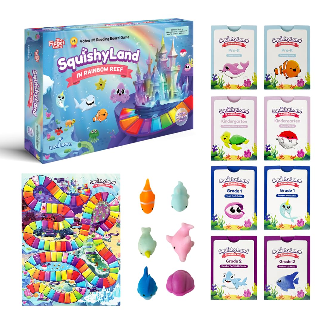 Das Zappel-Spiel SquishyLand im Regenbogenriff - Pädagogische & phonetische Lernaktivitäten für Kinder von der Vorschule bis zur 2. Klasse - Mochi Squishy Spielzeug-Set mit Brettspiel (2-6 Spieler) & Kartenpackungen inklusive