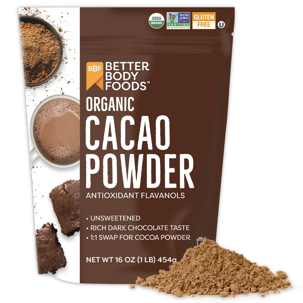 BetterBody Foods Bio-Kakaopulver, Reichhaltiger Schokoladengeschmack, gentechnikfrei, glutenfrei, Kakao, 454 g Beutel