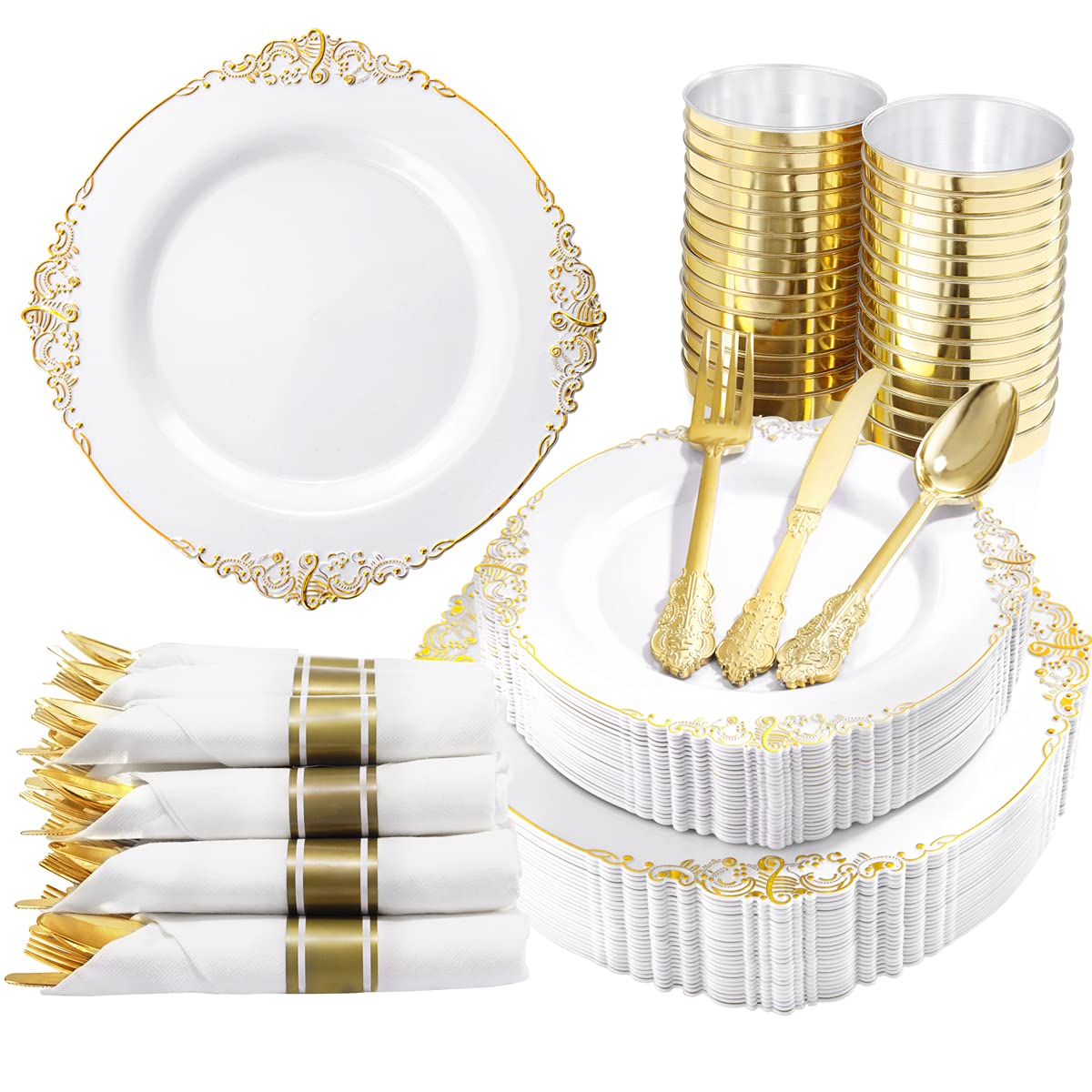 Nervure 350tlg. goldfarbene Plastikteller – Gold Kunststoffgeschirr-Sets für 50 Gäste – 100 Einwegteller, 150 Besteckteile, 50 Becher, 50 Servietten für Hochzeiten, Partys & Thanksgiving