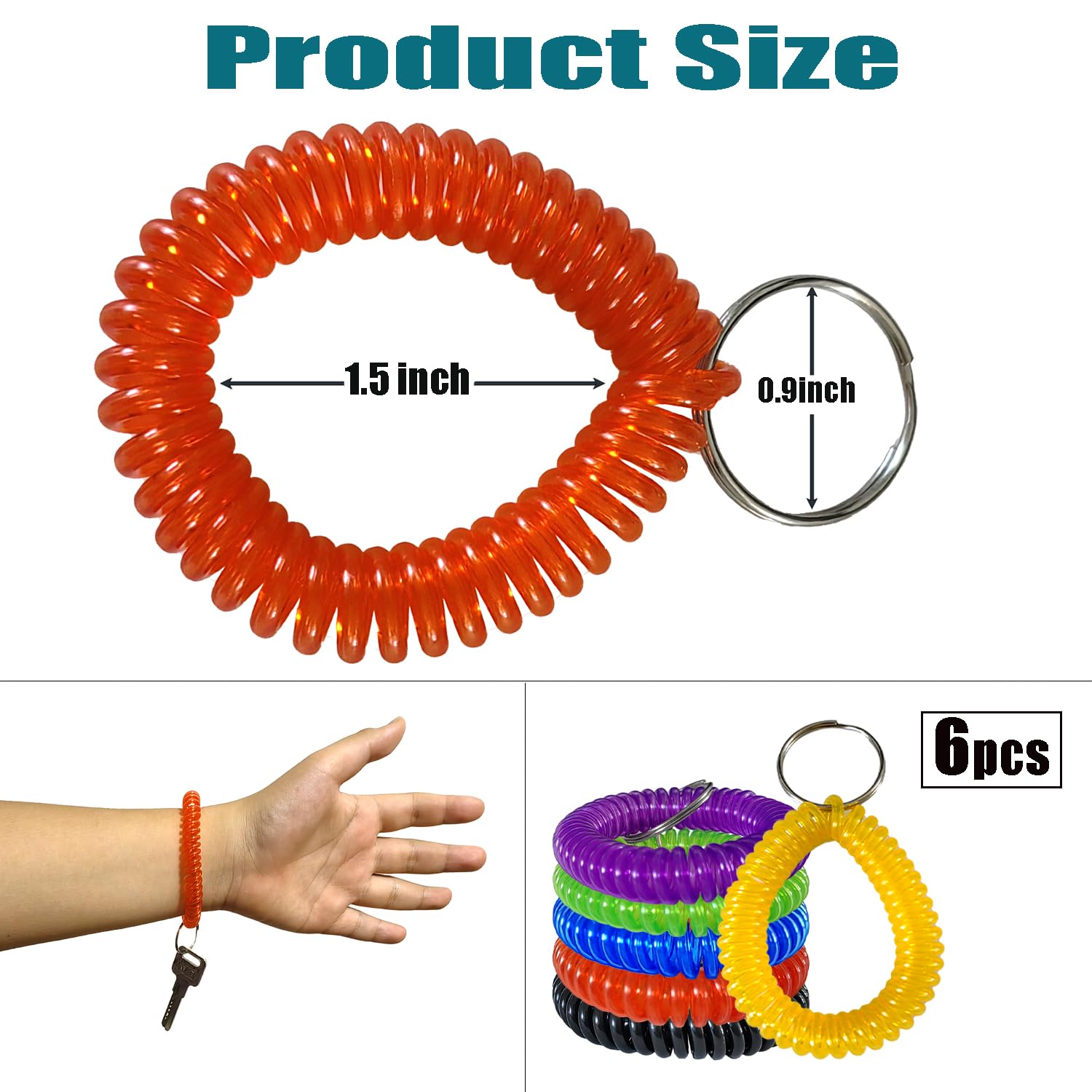 HAMIYELL Pack of 6 Colorful Spring Spiral Wrist Coil Key Chain, Wristband Key Ring