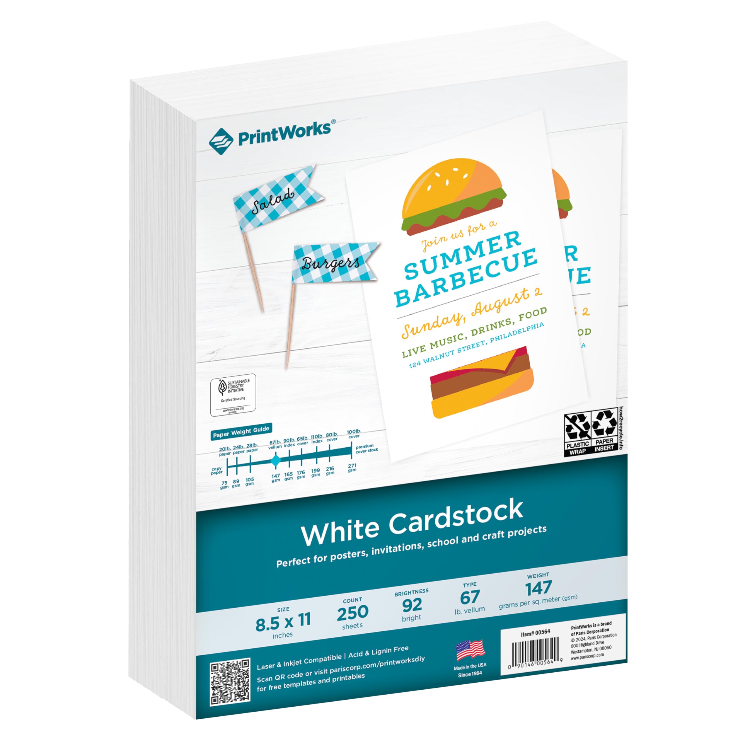 PrintWorks White Cardstock 8.5" x 11" - 67 lb/147 gsm Vellum Bristol - 250 Sheets - Made in the USA - SFI Certified - 92 Bright - Card Stock Printer Paper for School, Craft, & Office Use (00564)