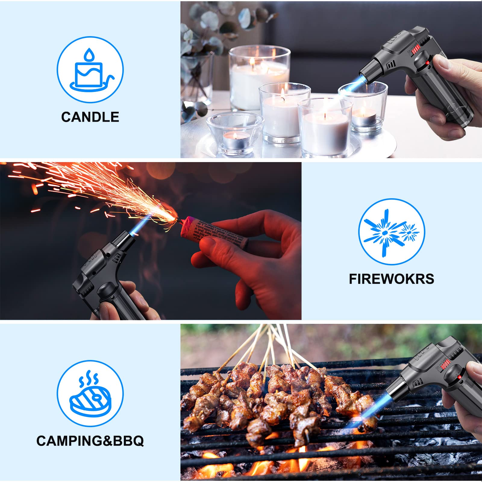 Torch Lighters, 4 Pack, Butane Refillable Jet Flame Torch Lighter, Windproof, Safe, Multi Utility Lighter for Candles, Fireplaces, Campfires, Grill (Without Butane)